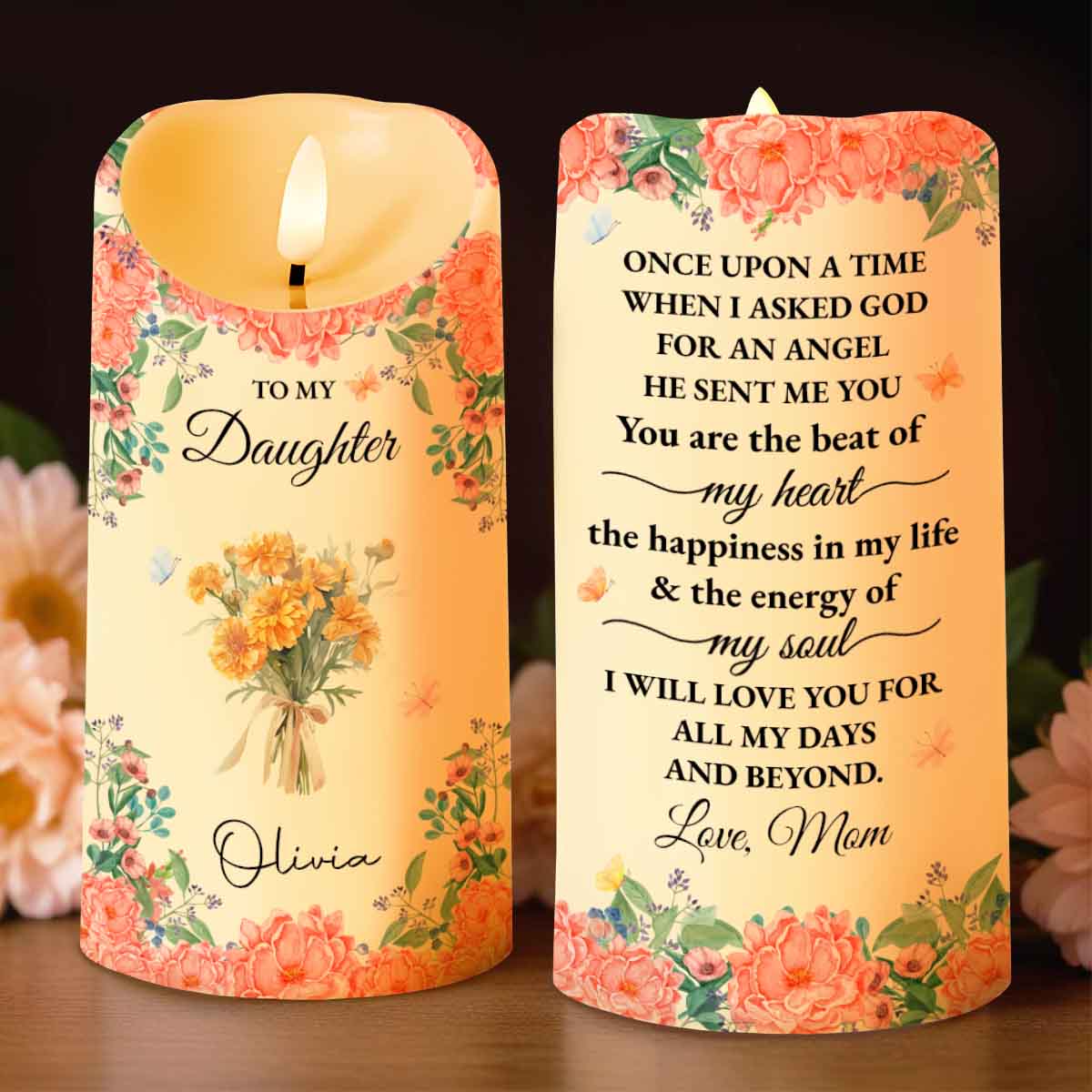 To My Daughter With Beautiful Floral Design - Personalized Custom LED Candle - DAU260_LECA