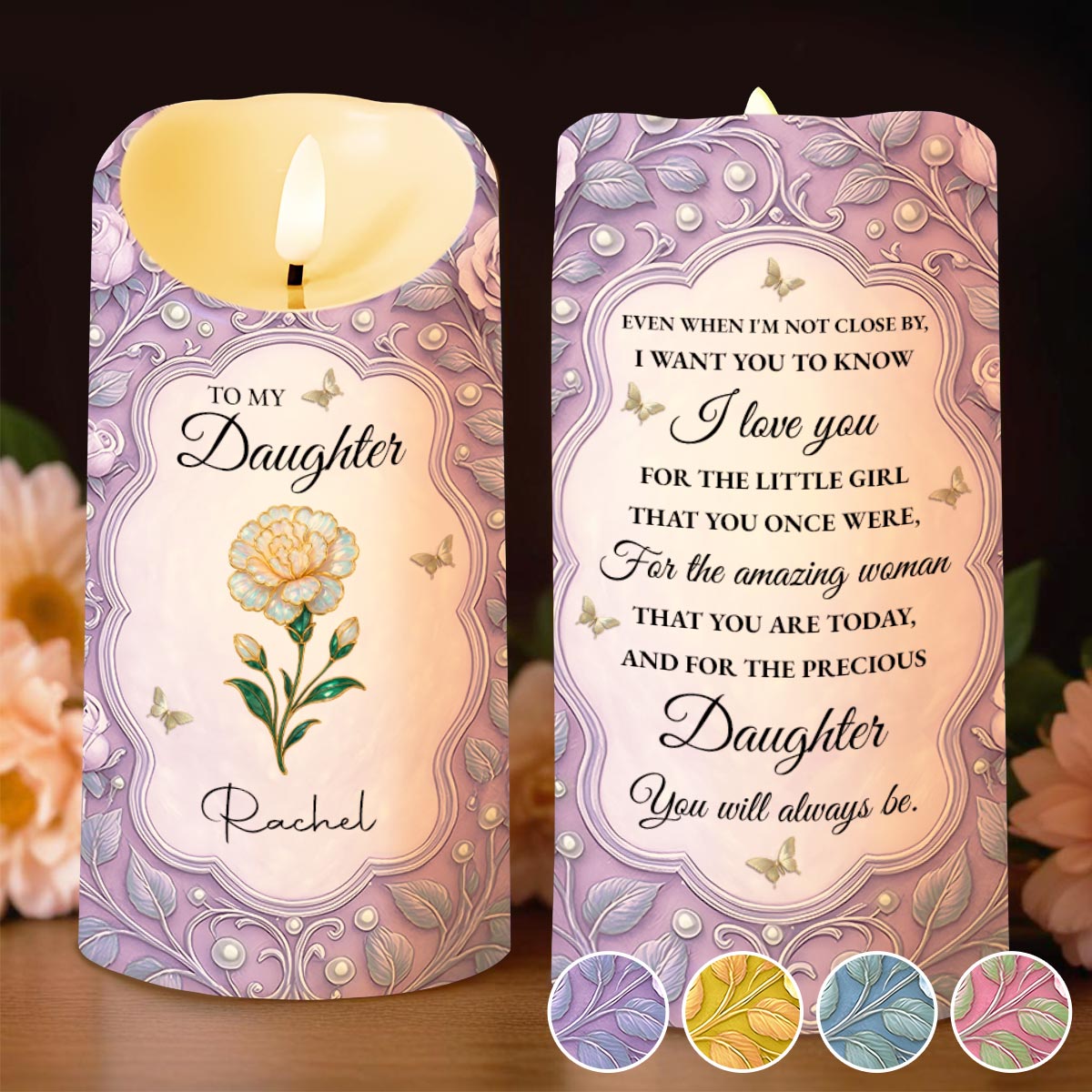 To My Daughter, Flowers And Butterflies Personalized Candle - Personalized Custom LED Candle - DAU261_LECA