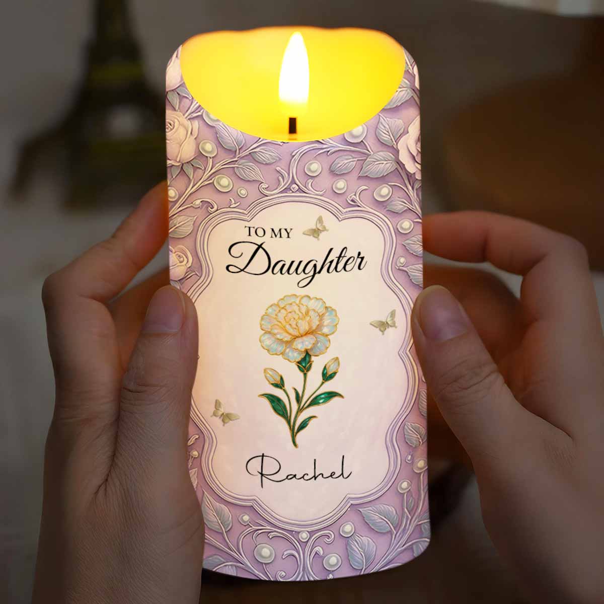 To My Daughter, Flowers And Butterflies Personalized Candle - Personalized Custom LED Candle - DAU261_LECA