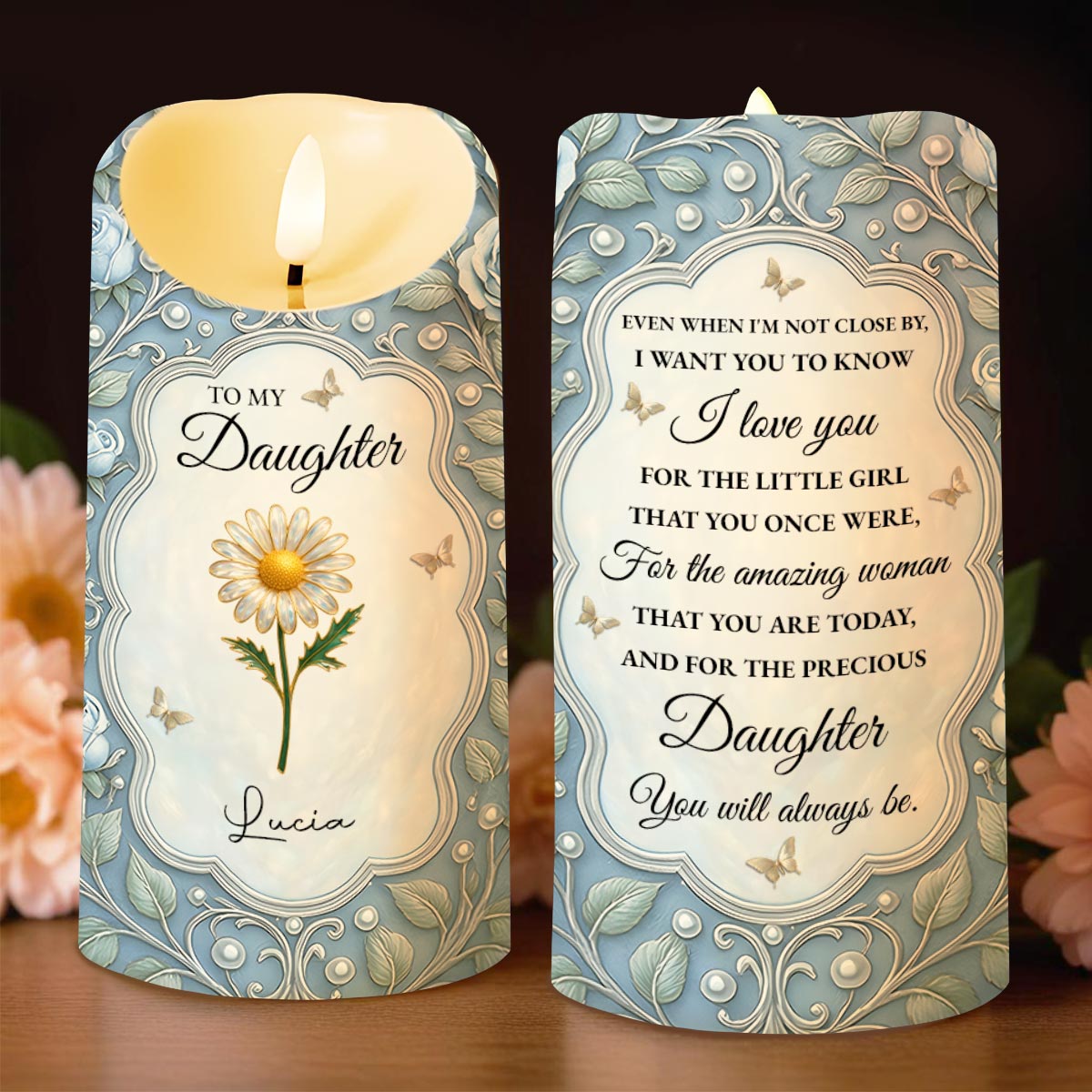 To My Daughter, Flowers And Butterflies Personalized Candle - Personalized Custom LED Candle - DAU261_LECA