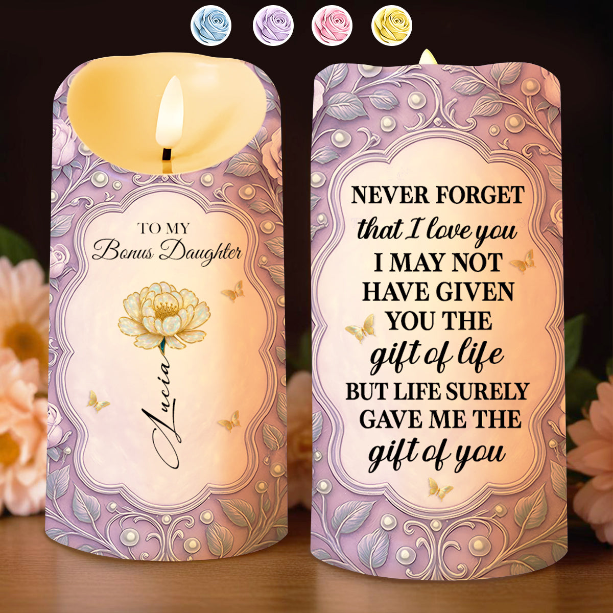 To My Bonus Daughter, Love and Flowers LED Candle - Personalized Custom LED Candle - DAU264_LECA