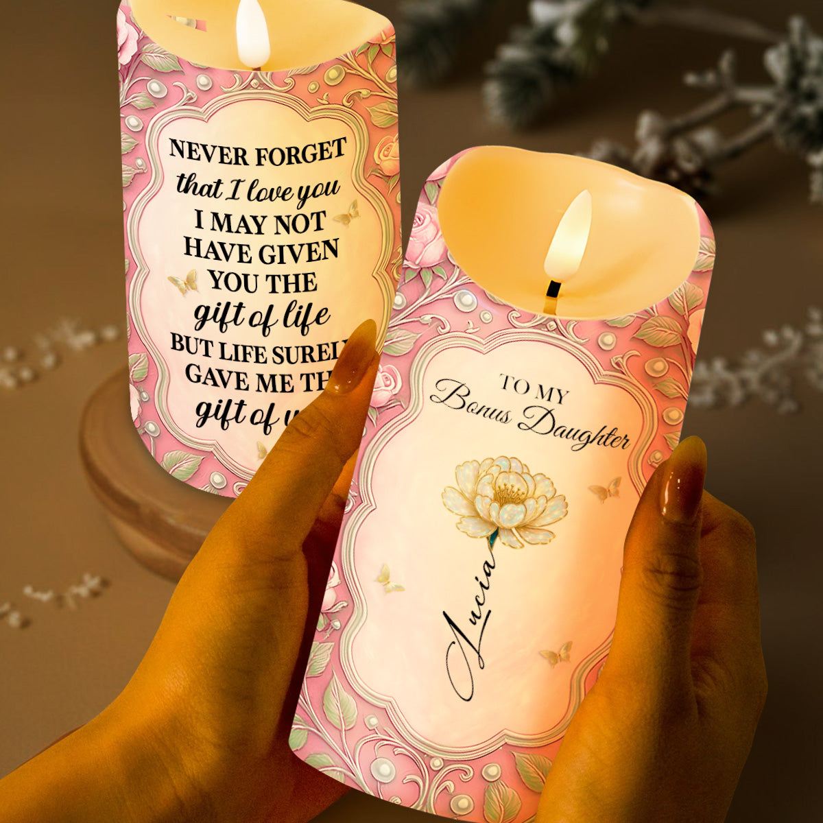 To My Bonus Daughter, Love and Flowers LED Candle - Personalized Custom LED Candle - DAU264_LECA