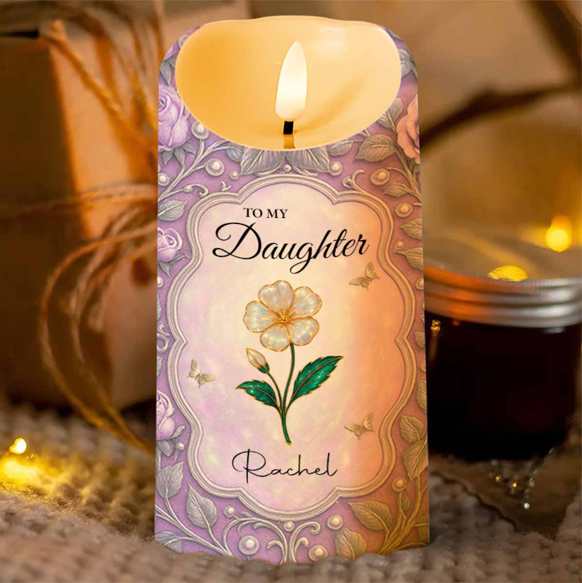 To My Daughter, Love Forever, Hearts and Flowers - Personalized Custom LED Candle - DAU265_LECA