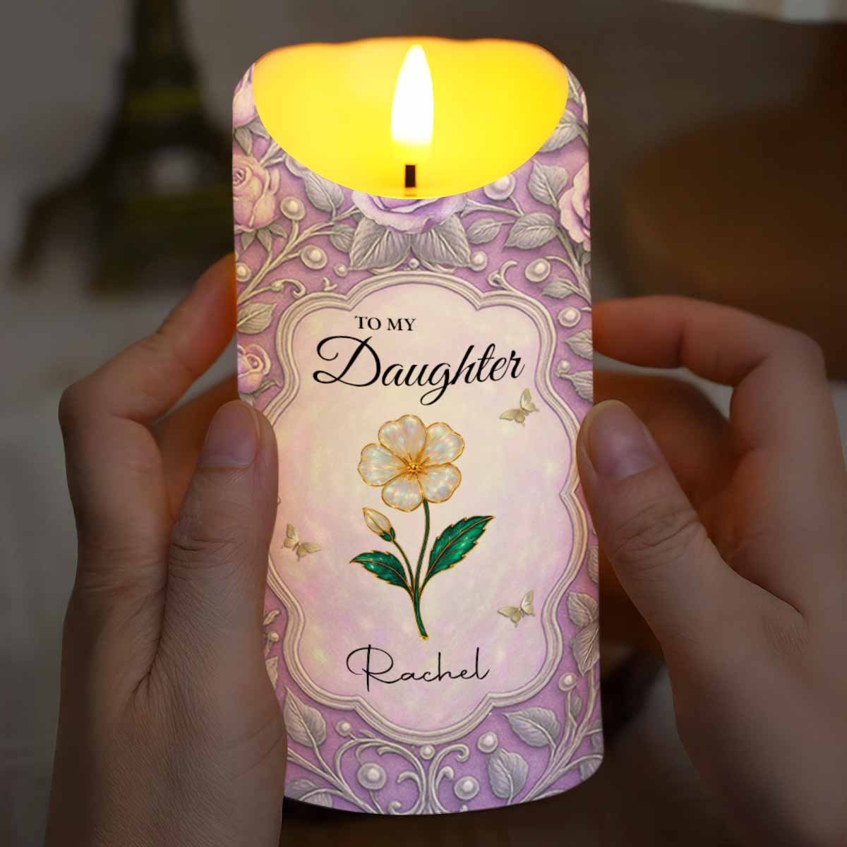 To My Daughter, Love Forever, Hearts and Flowers - Personalized Custom LED Candle - DAU265_LECA