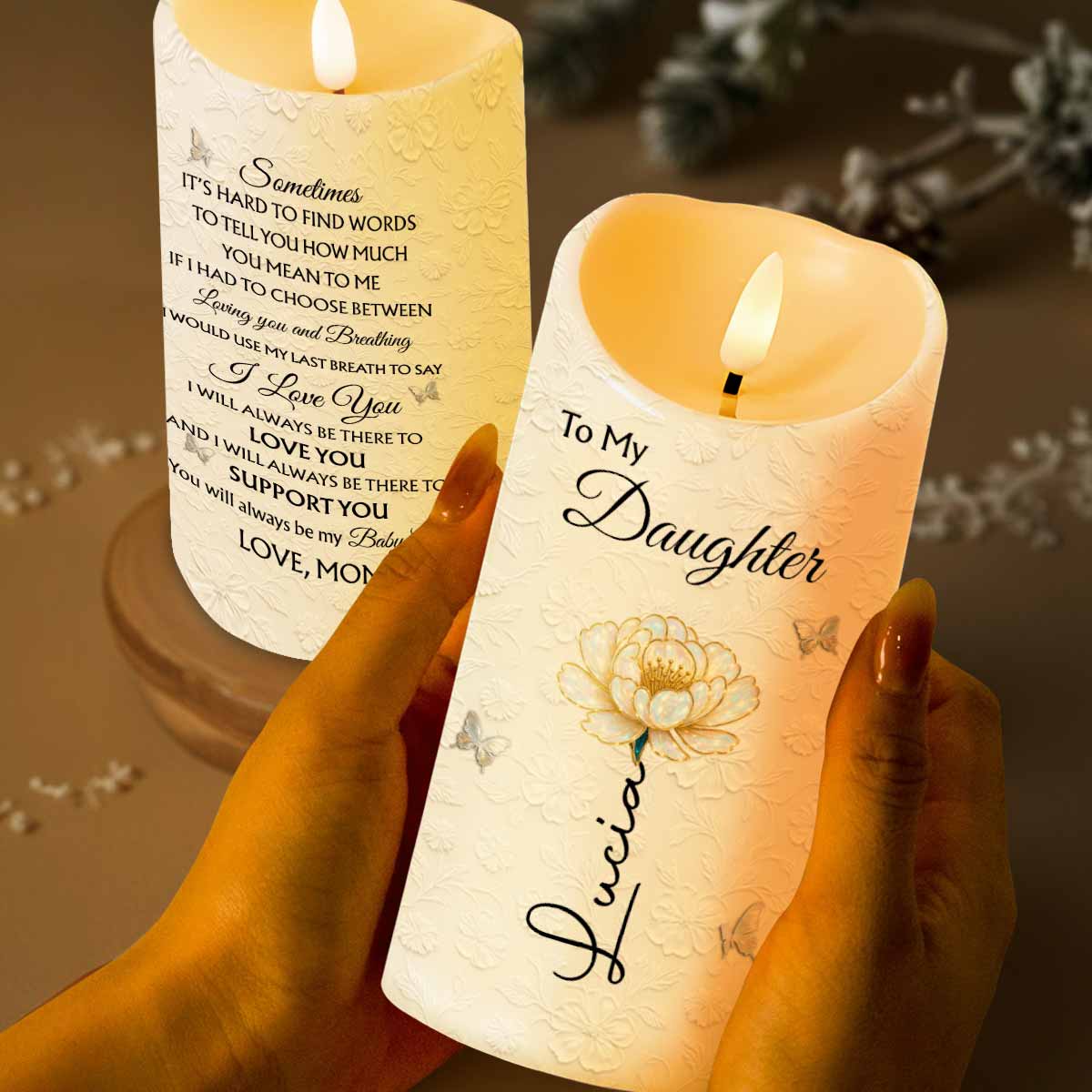 To My Daughter, Flower and Butterflies, I Love You - Personalized Custom LED Candle - DAU266_LECA
