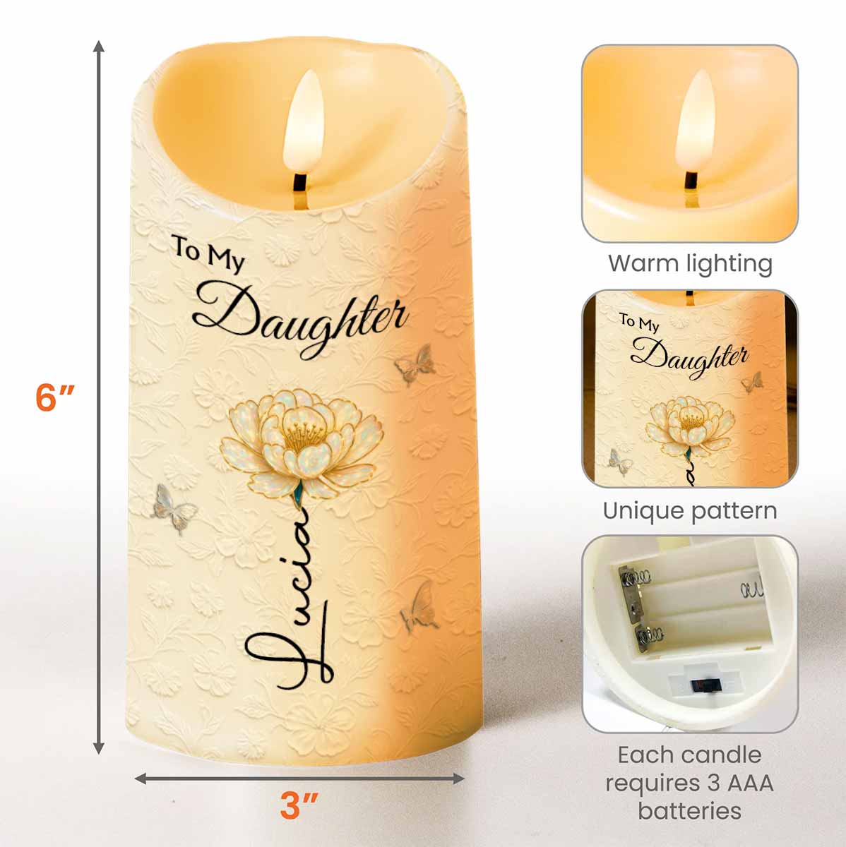 To My Daughter, Flower and Butterflies, I Love You - Personalized Custom LED Candle - DAU266_LECA