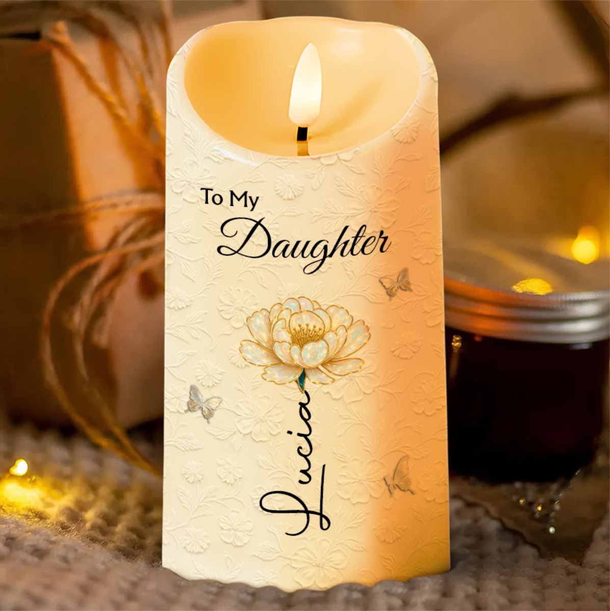 To My Daughter, Flower and Butterflies, I Love You - Personalized Custom LED Candle - DAU266_LECA