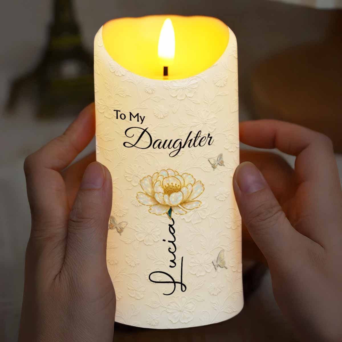 To My Daughter, Flower and Butterflies, I Love You - Personalized Custom LED Candle - DAU266_LECA
