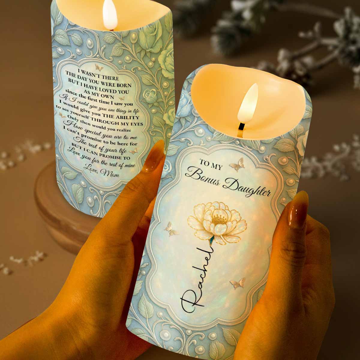 To My Bonus Daughter, See Yourself Through My Eyes, Flowers And Butterflies - Personalized Custom LED Candle - DAU269_LECA