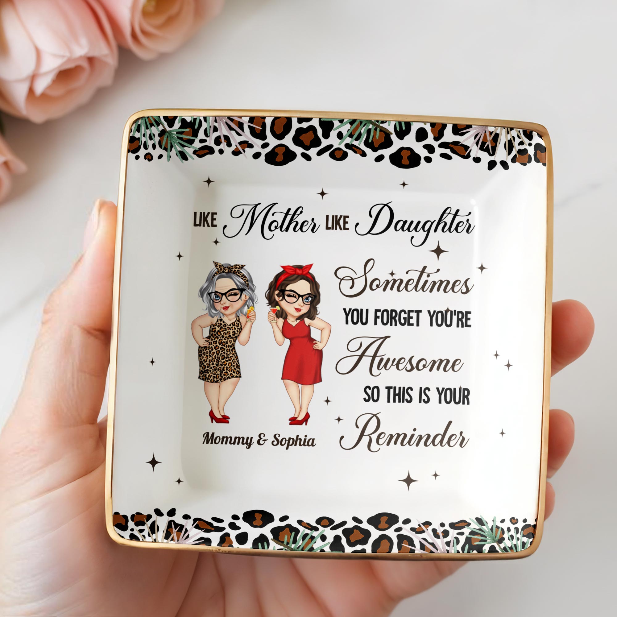 Like Mother Like Daughter Awesome Reminder - Personalized Custom Jewelry Dish, Ceramic Dish, Square Shape - DAU272_SCRF