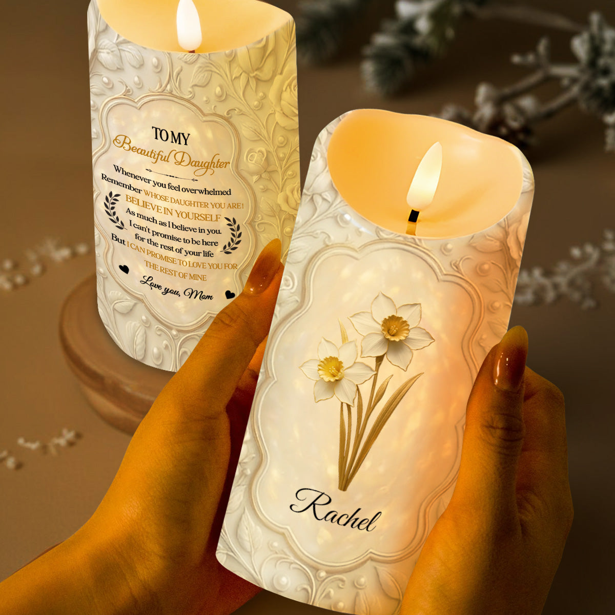 To My Beautiful Daughter, Flowers Love Message - Personalized Custom LED Candle - DAU274_LECA
