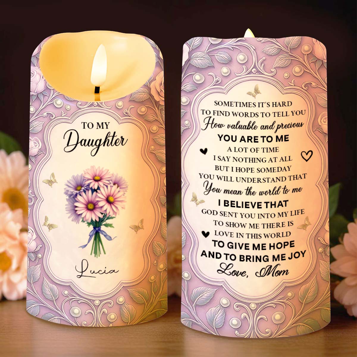 To My Daughter, Candle With Flowers And Hearts - Personalized Custom LED Candle - DAU276_LECA