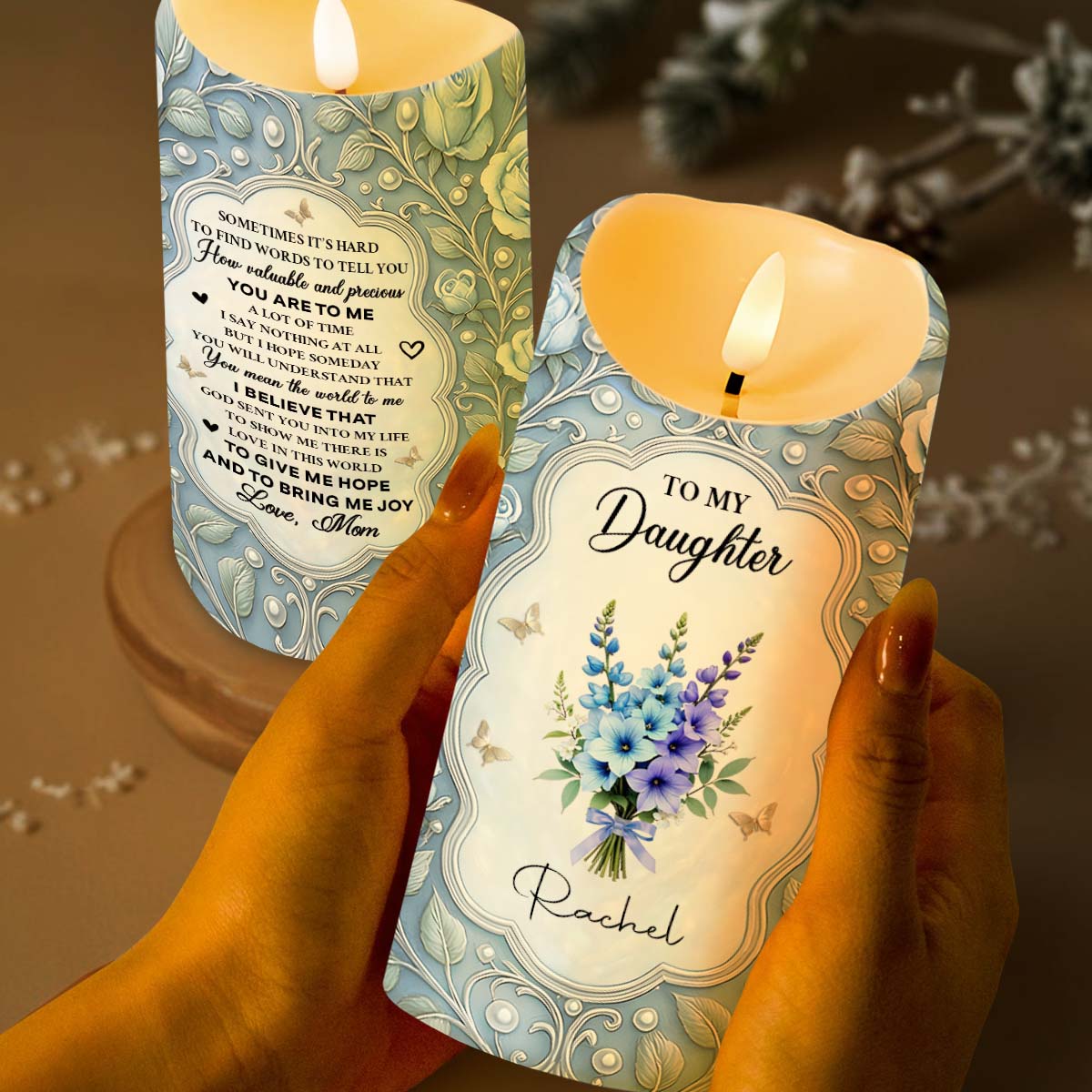 To My Daughter, Candle With Flowers And Hearts - Personalized Custom LED Candle - DAU276_LECA