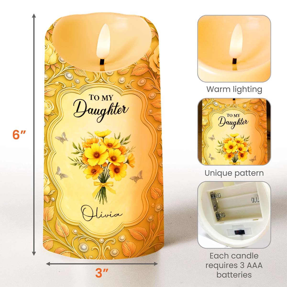 To My Daughter, Candle With Flowers And Hearts - Personalized Custom LED Candle - DAU276_LECA