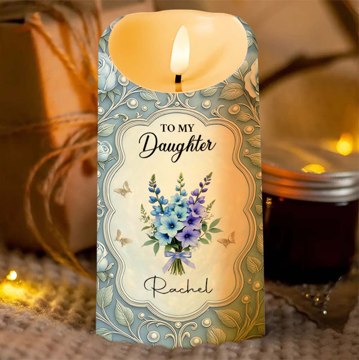 To My Daughter, Candle With Flowers And Hearts - Personalized Custom LED Candle - DAU276_LECA