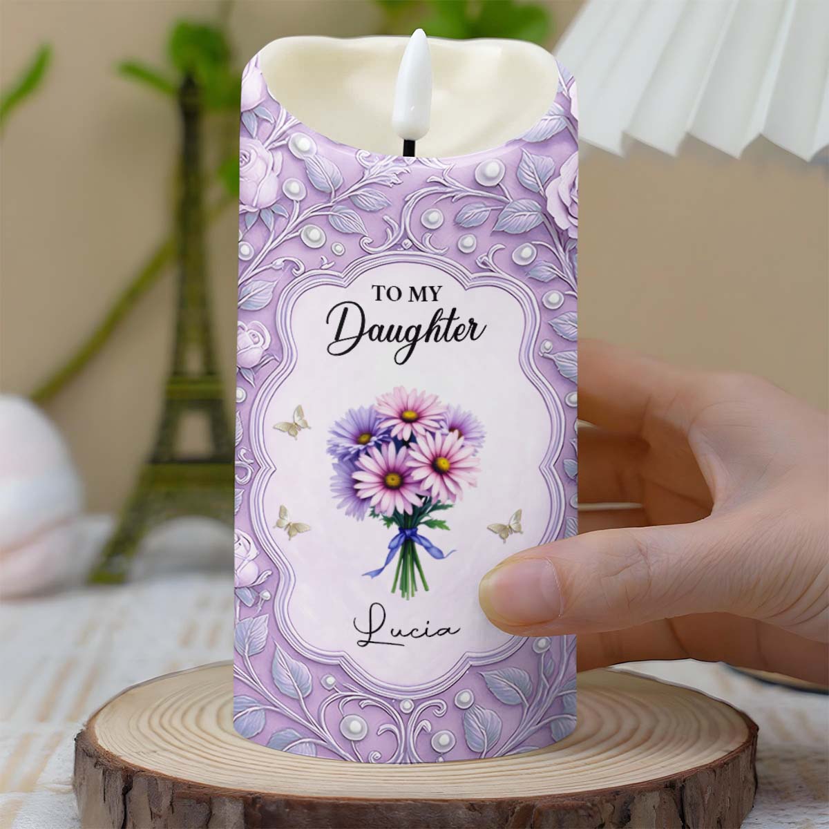 To My Daughter, Candle With Flowers And Hearts - Personalized Custom LED Candle - DAU276_LECA