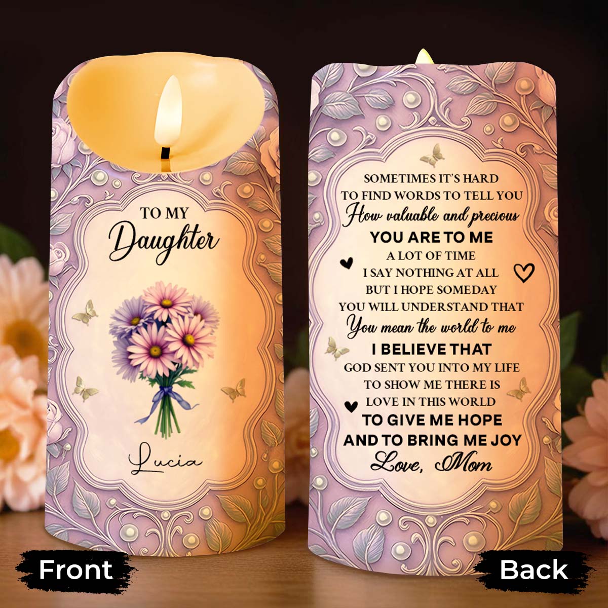 To My Daughter, Candle With Flowers And Hearts - Personalized Custom LED Candle - DAU276_LECA