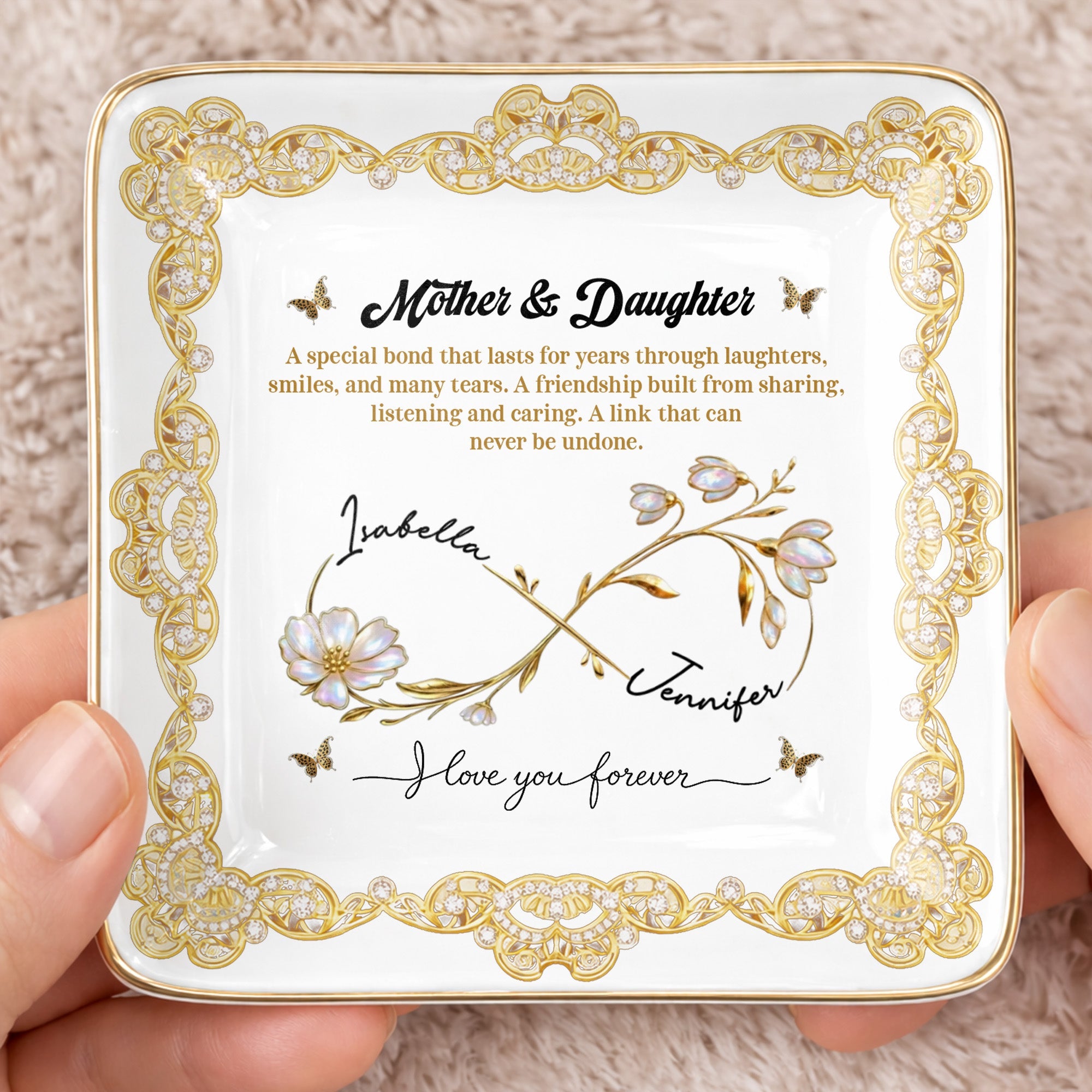 Mother & Daughter, Special Bond, Flowers And Butterflies - Personalized Custom Jewelry Dish, Ceramic Dish, Square Shape - DAU282_SCRF