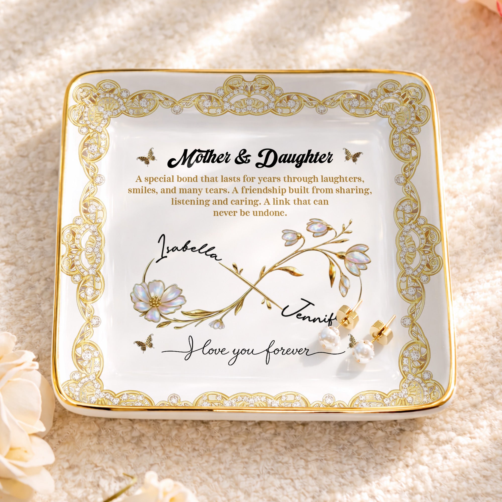 Mother & Daughter, Special Bond, Flowers And Butterflies - Personalized Custom Jewelry Dish, Ceramic Dish, Square Shape - DAU282_SCRF