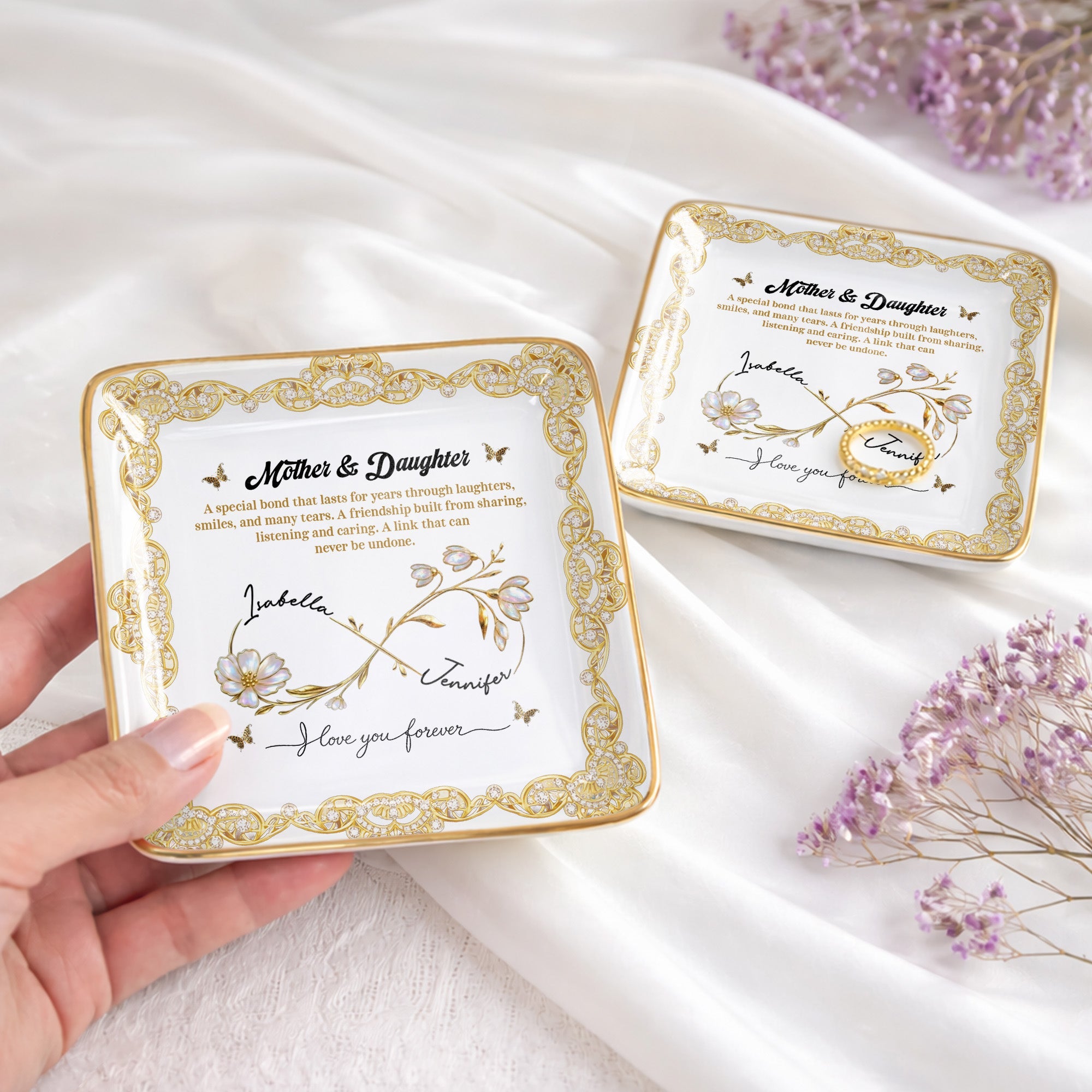 Mother & Daughter, Special Bond, Flowers And Butterflies - Personalized Custom Jewelry Dish, Ceramic Dish, Square Shape - DAU282_SCRF