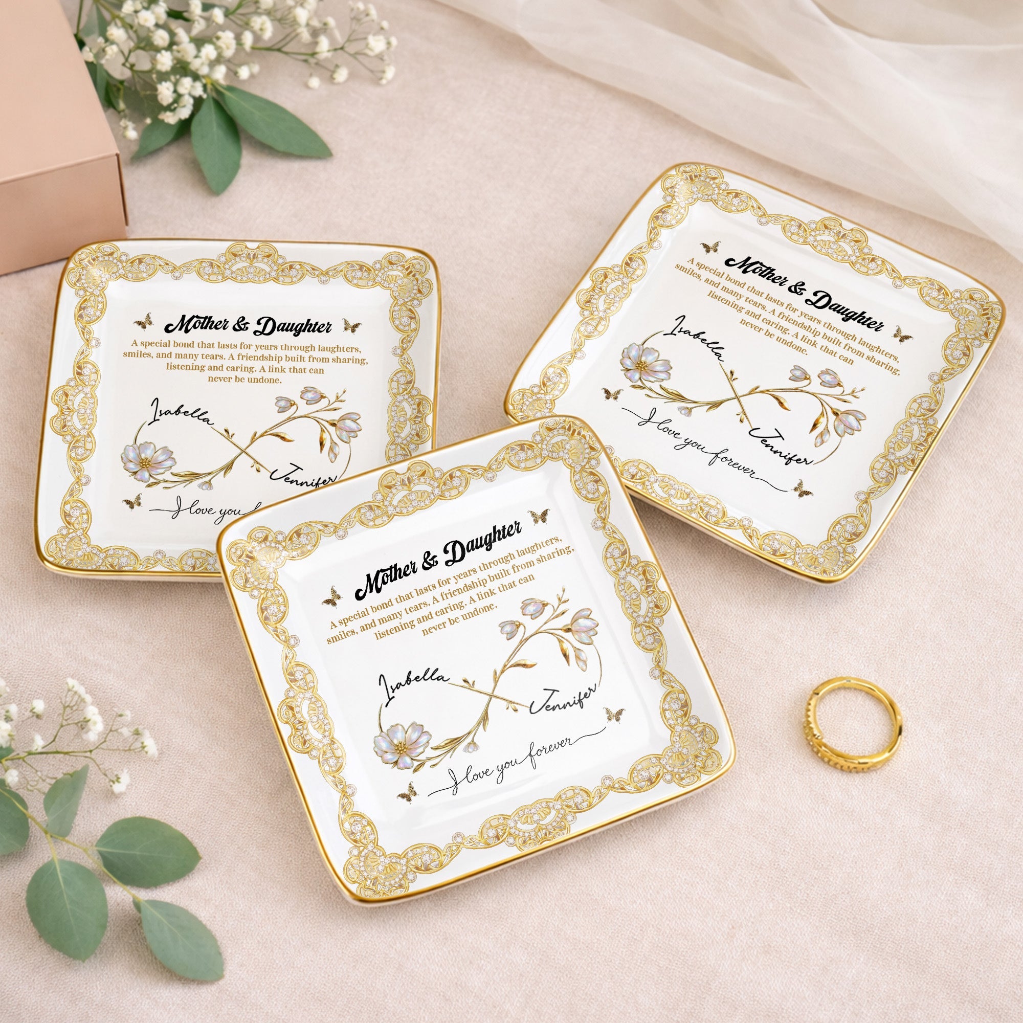 Mother & Daughter, Special Bond, Flowers And Butterflies - Personalized Custom Jewelry Dish, Ceramic Dish, Square Shape - DAU282_SCRF