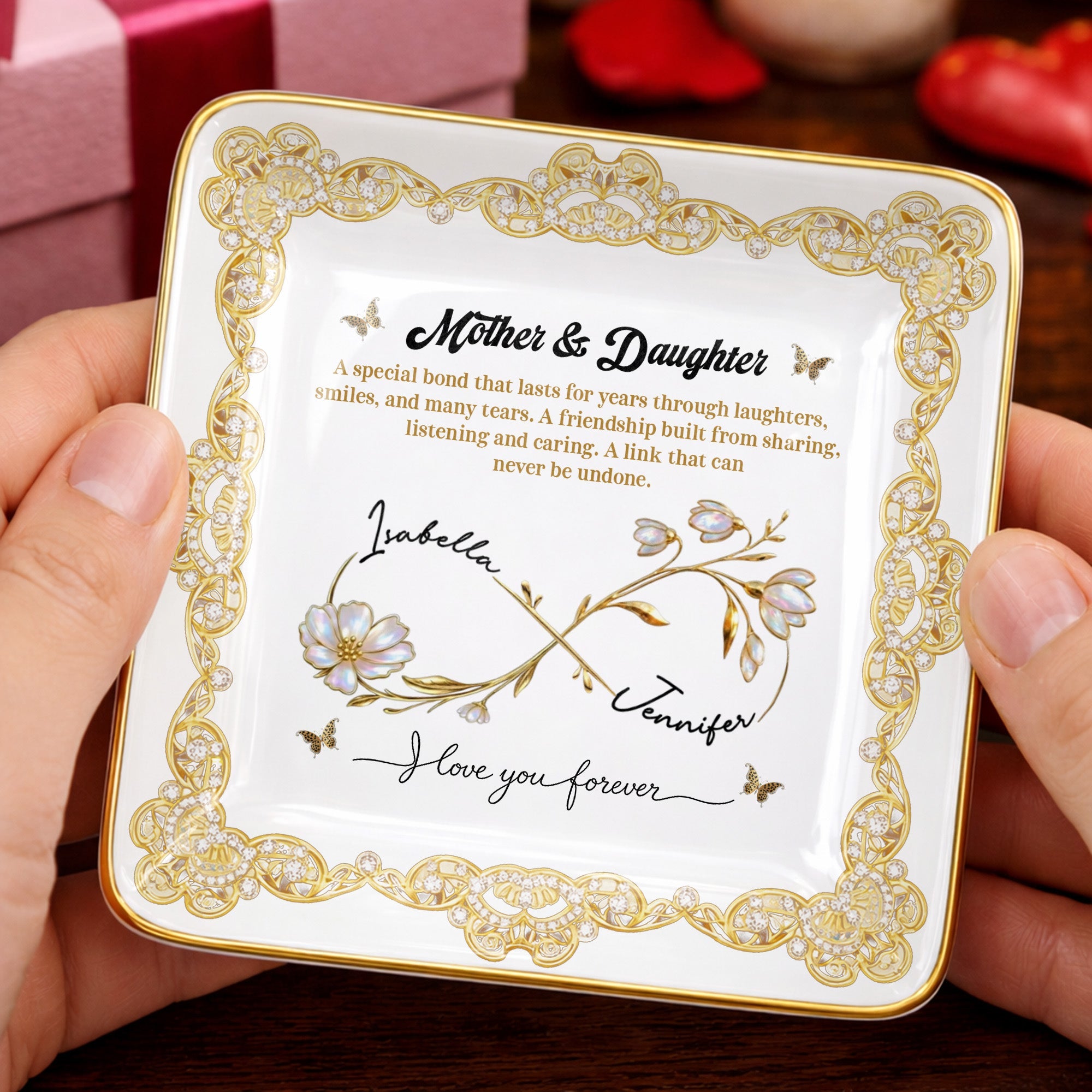 Mother & Daughter, Special Bond, Flowers And Butterflies - Personalized Custom Jewelry Dish, Ceramic Dish, Square Shape - DAU282_SCRF