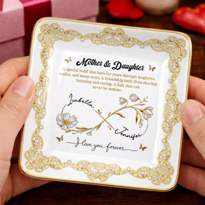 Mother & Daughter, Special Bond, Flowers And Butterflies - Personalized Custom Jewelry Dish, Ceramic Dish, Square Shape - DAU282_SCRF