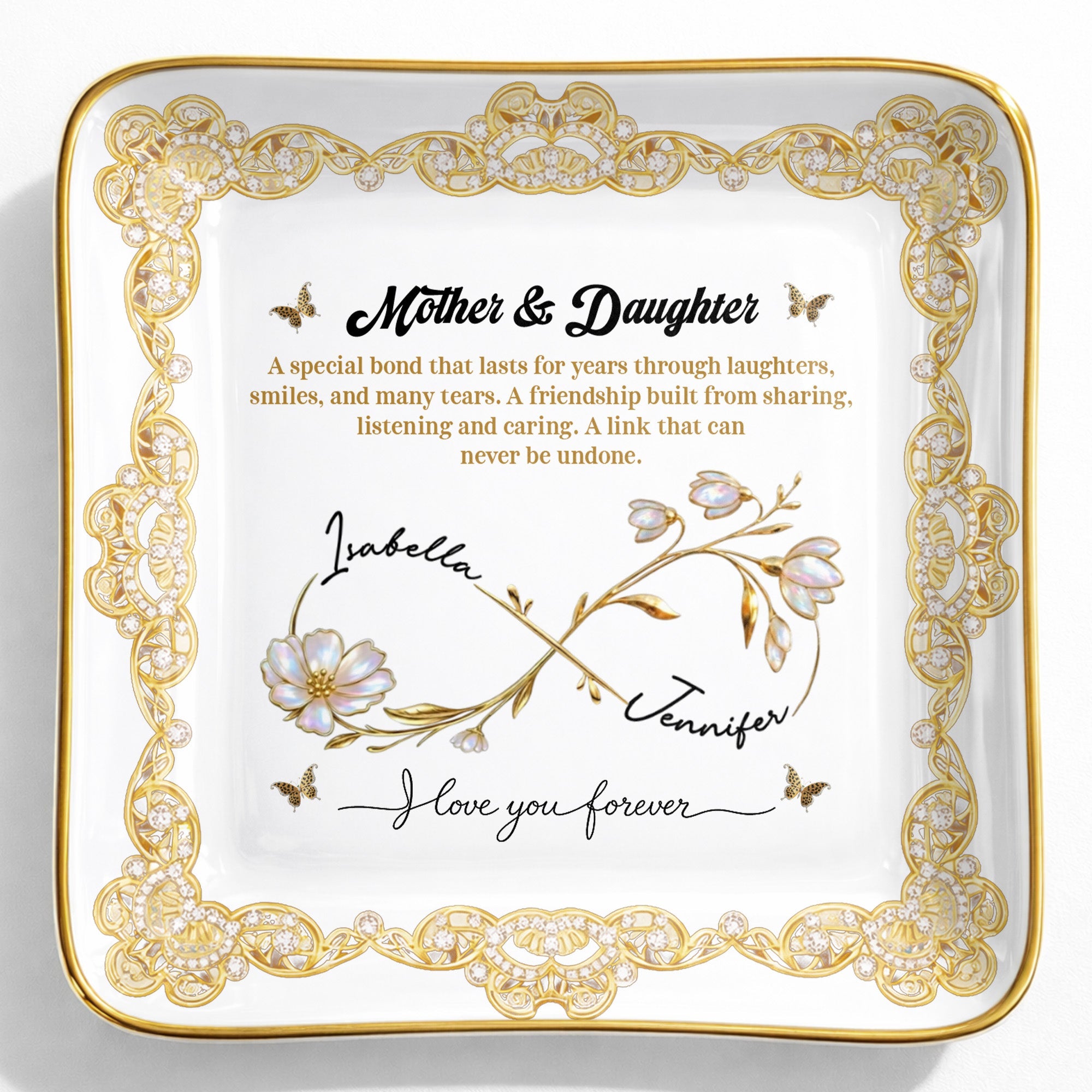 Mother & Daughter, Special Bond, Flowers And Butterflies - Personalized Custom Jewelry Dish, Ceramic Dish, Square Shape - DAU282_SCRF