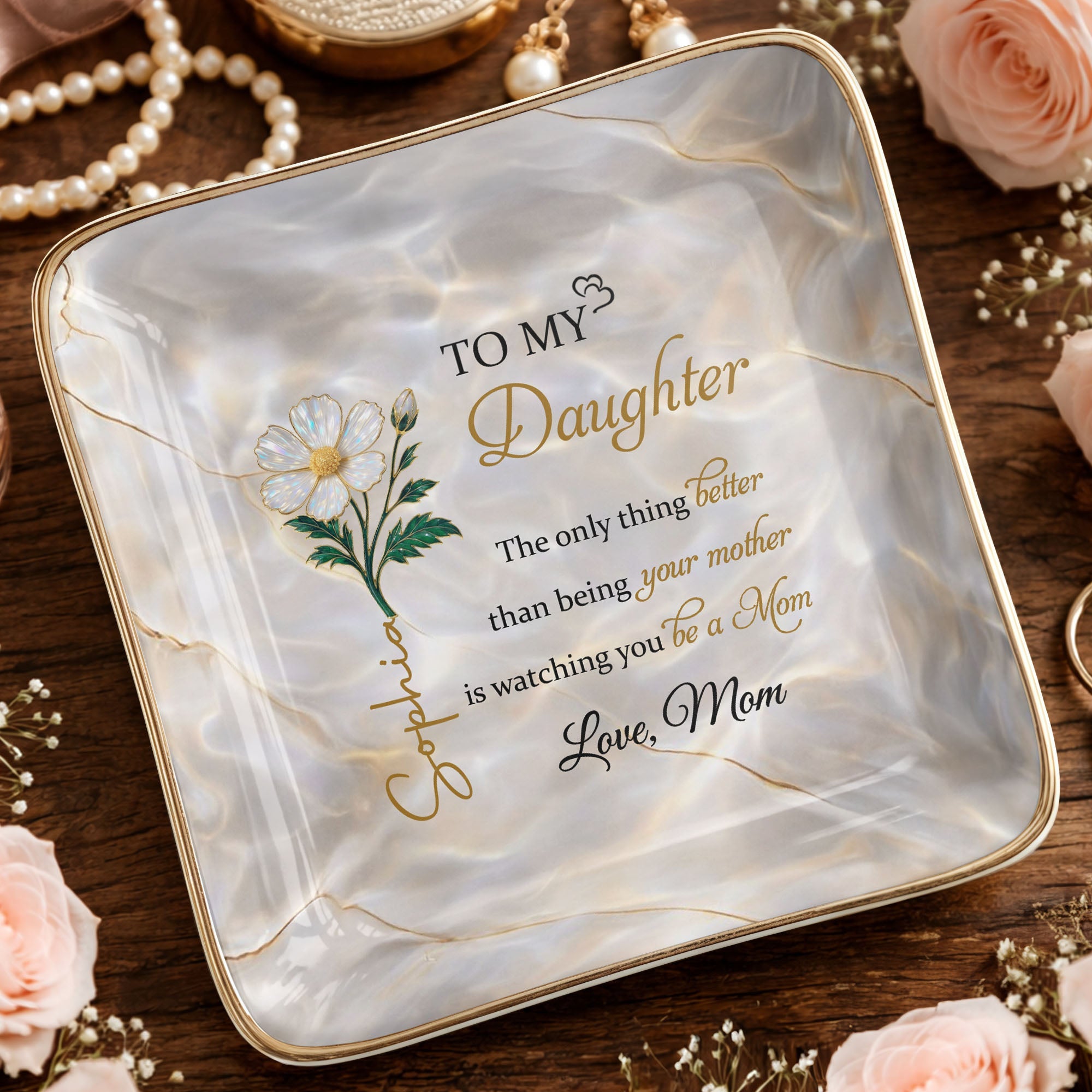 To My Daughter, Flower Design Jewelry Dish - Personalized Custom Jewelry Dish, Ceramic Dish, Square Shape - DAU291_SCRF