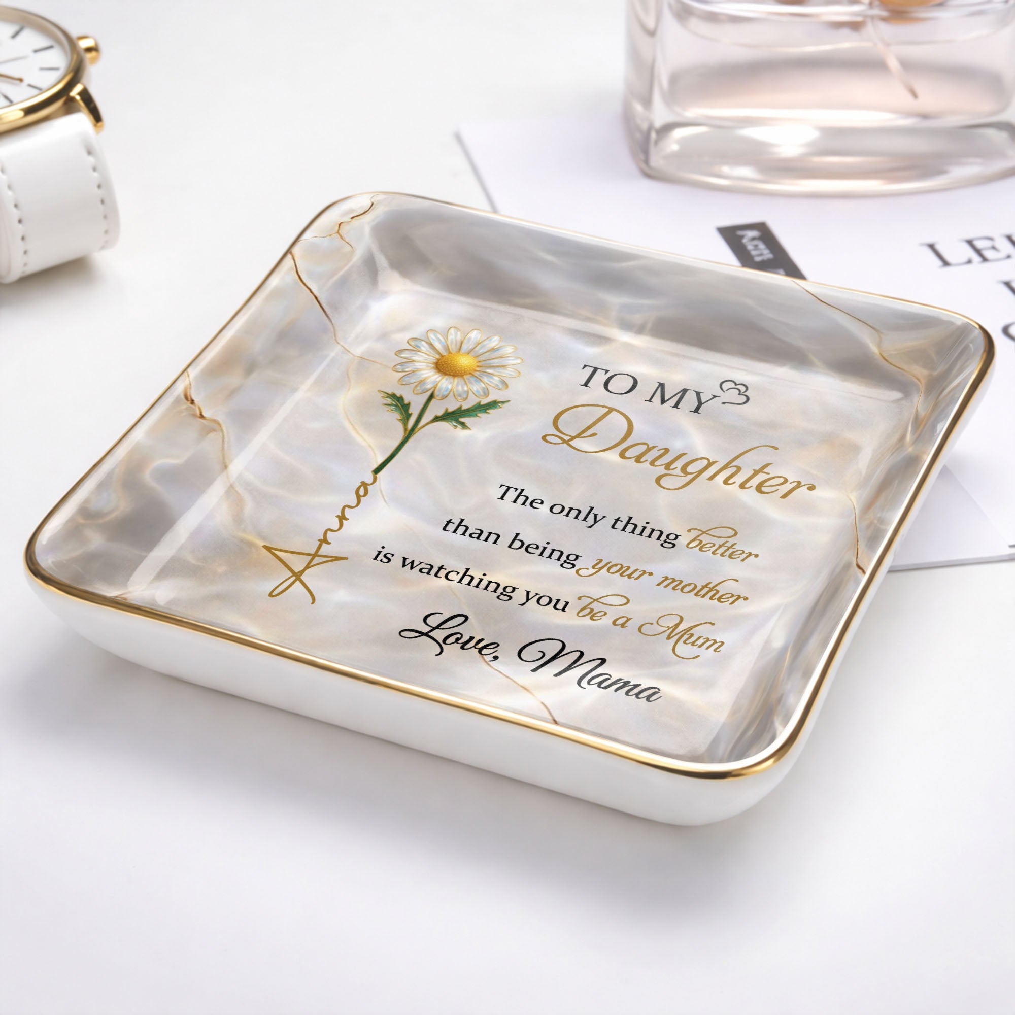 To My Daughter, Flower Design Jewelry Dish - Personalized Custom Jewelry Dish, Ceramic Dish, Square Shape - DAU291_SCRF