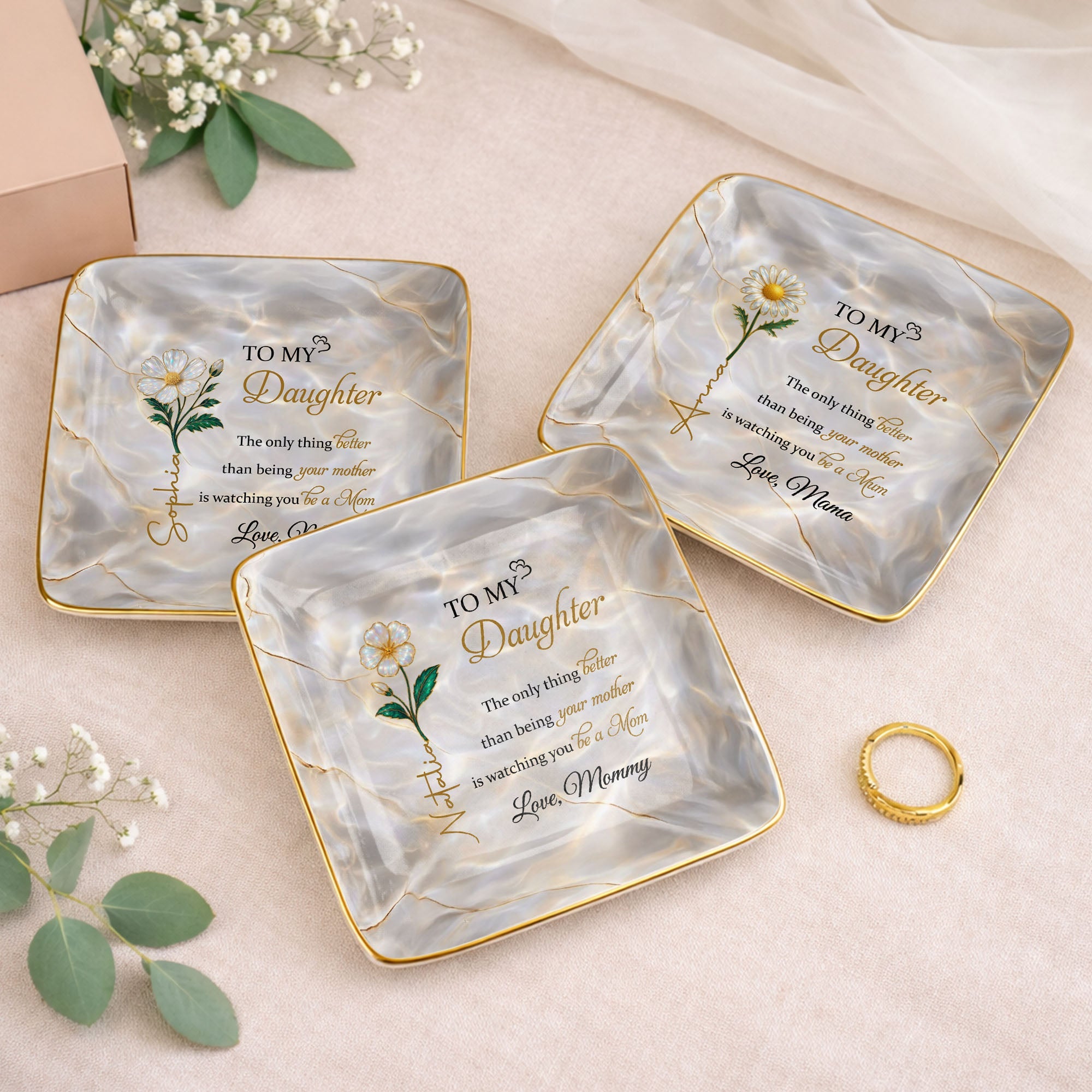 To My Daughter, Flower Design Jewelry Dish - Personalized Custom Jewelry Dish, Ceramic Dish, Square Shape - DAU291_SCRF
