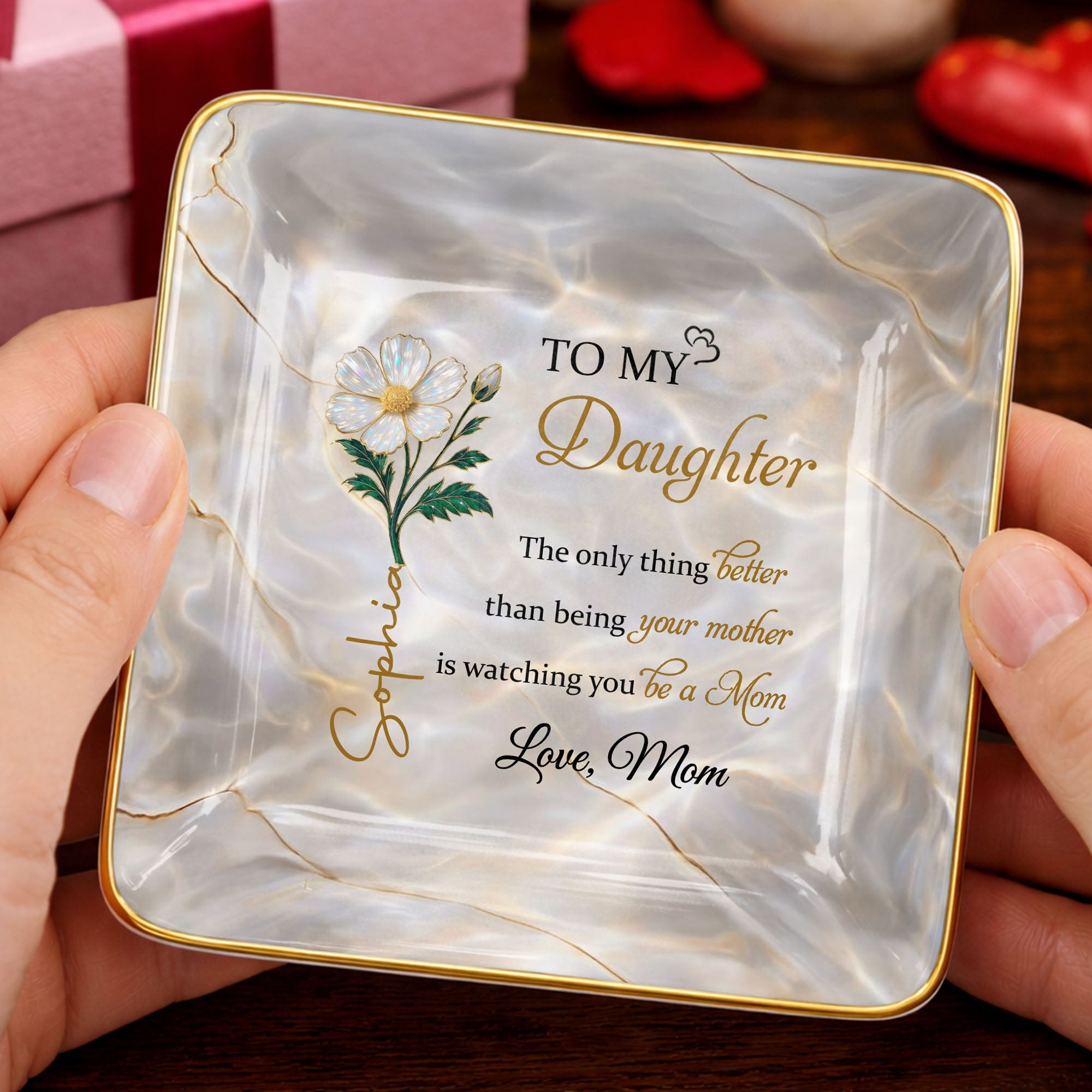 To My Daughter, Flower Design Jewelry Dish - Personalized Custom Jewelry Dish, Ceramic Dish, Square Shape - DAU291_SCRF