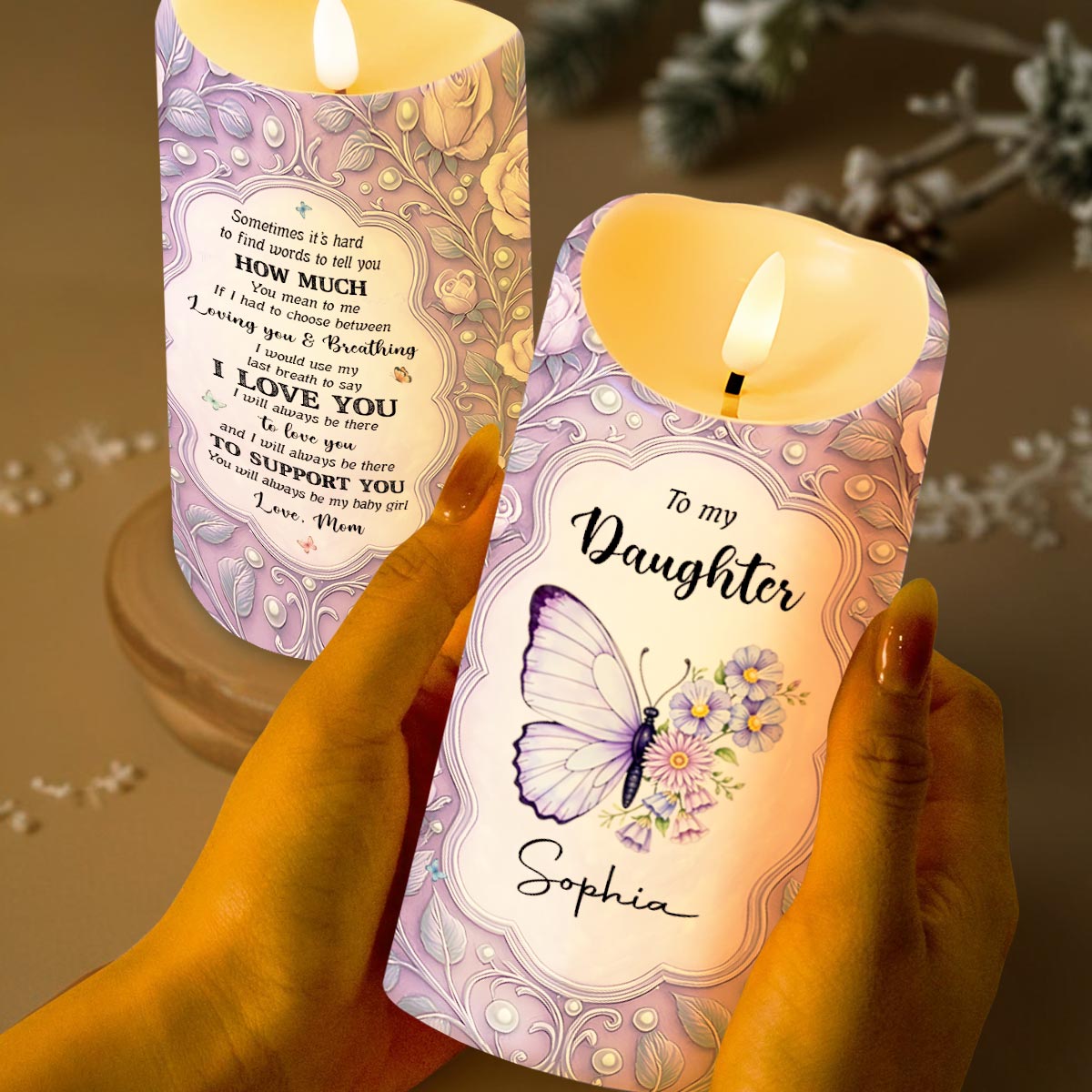 To my Daughter, Love, Support and Butterflies Design - Personalized Custom LED Candle - DAU293_LECA