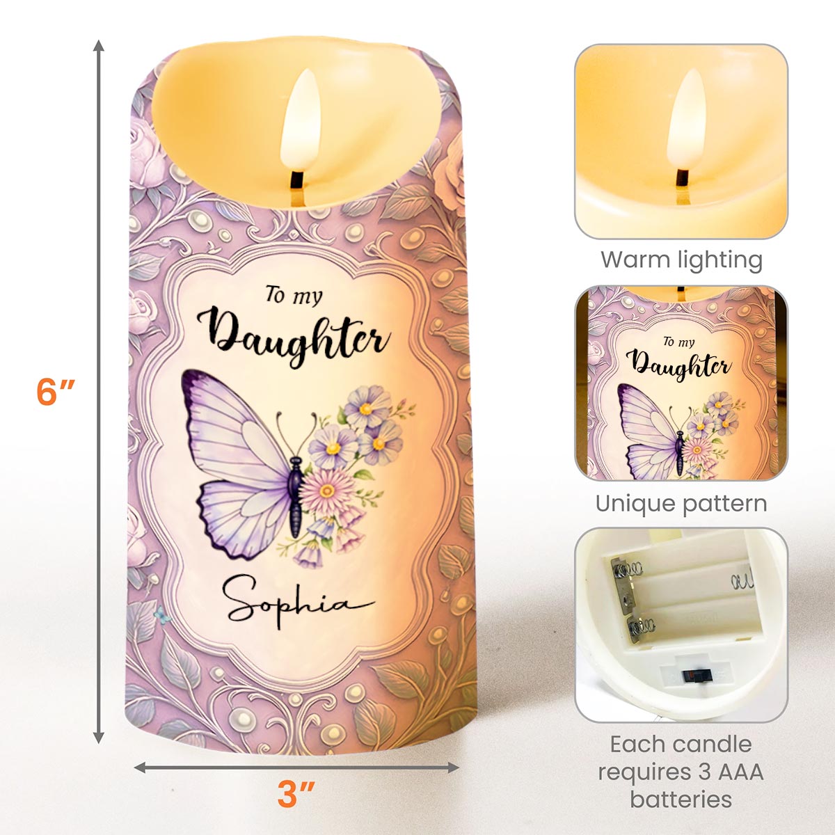 To my Daughter, Love, Support and Butterflies Design - Personalized Custom LED Candle - DAU293_LECA