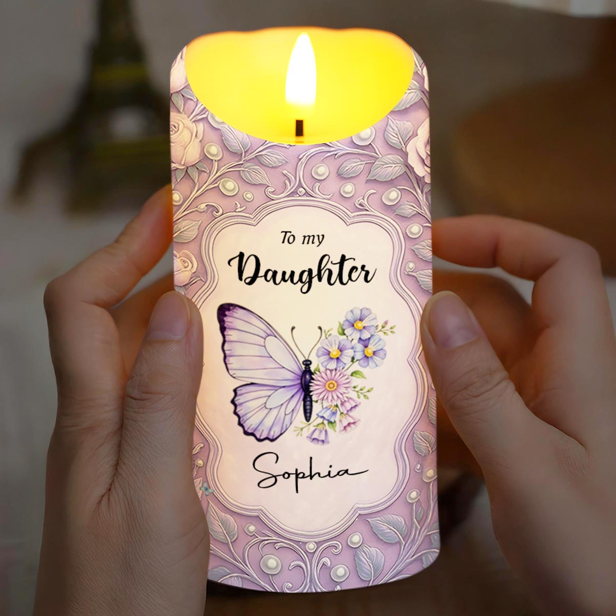 To my Daughter, Love, Support and Butterflies Design - Personalized Custom LED Candle - DAU293_LECA