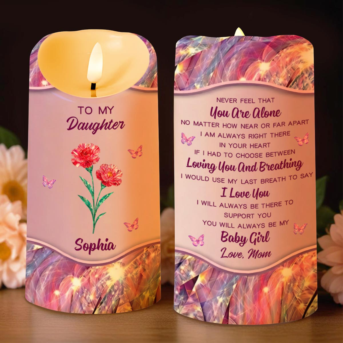 To My Daughter, Flowers And Butterflies Love Message - Personalized Custom LED Candle - DAU294_LECA