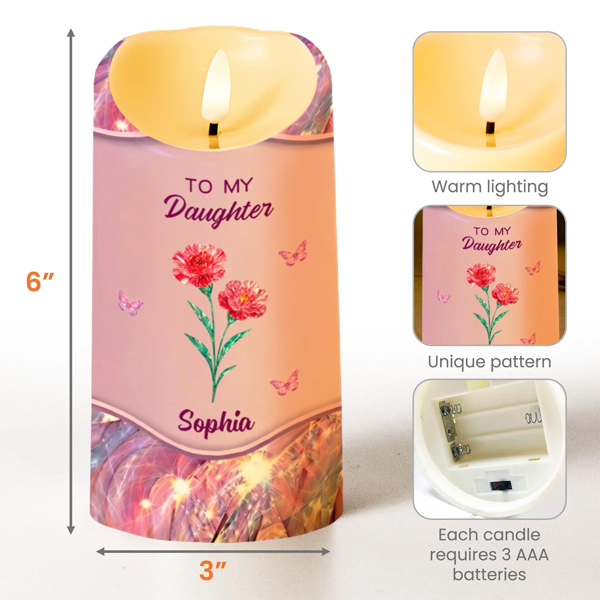 To My Daughter, Flowers And Butterflies Love Message - Personalized Custom LED Candle - DAU294_LECA