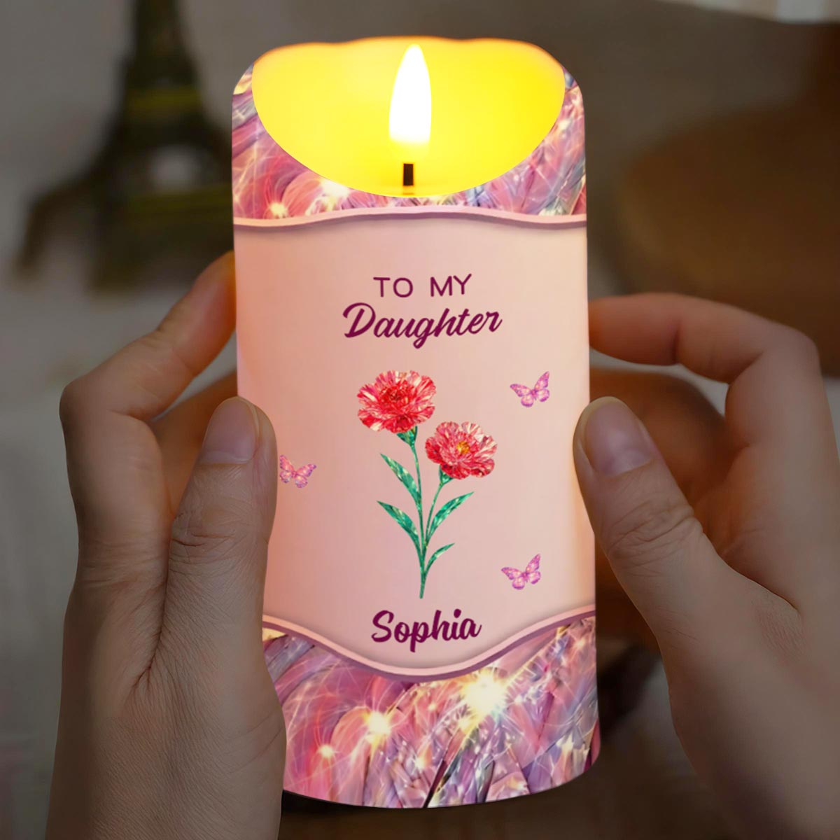 To My Daughter, Flowers And Butterflies Love Message - Personalized Custom LED Candle - DAU294_LECA