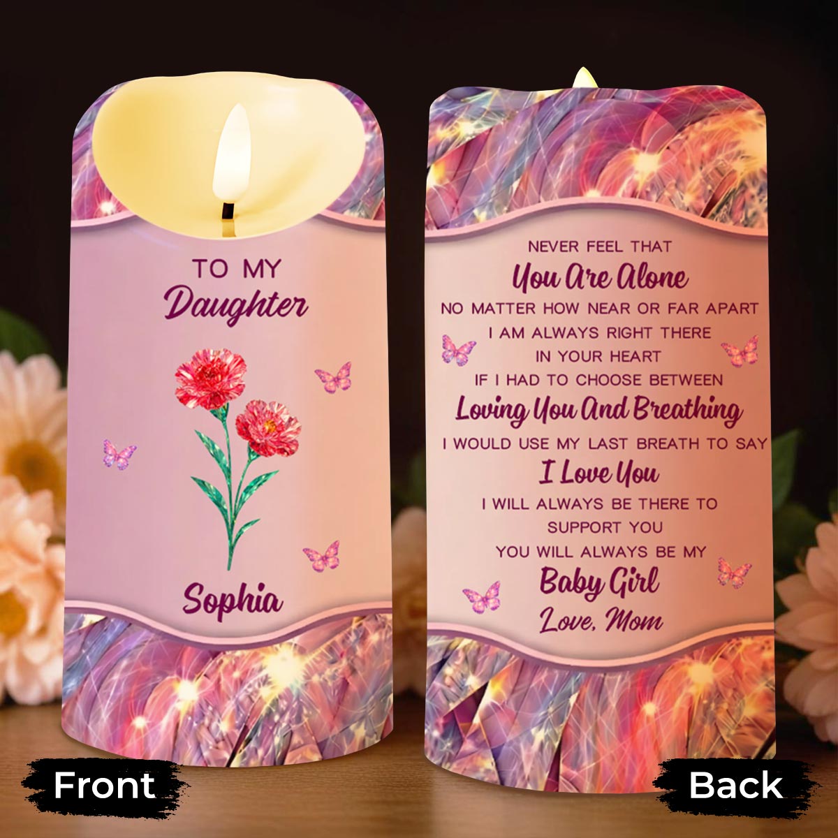 To My Daughter, Flowers And Butterflies Love Message - Personalized Custom LED Candle - DAU294_LECA