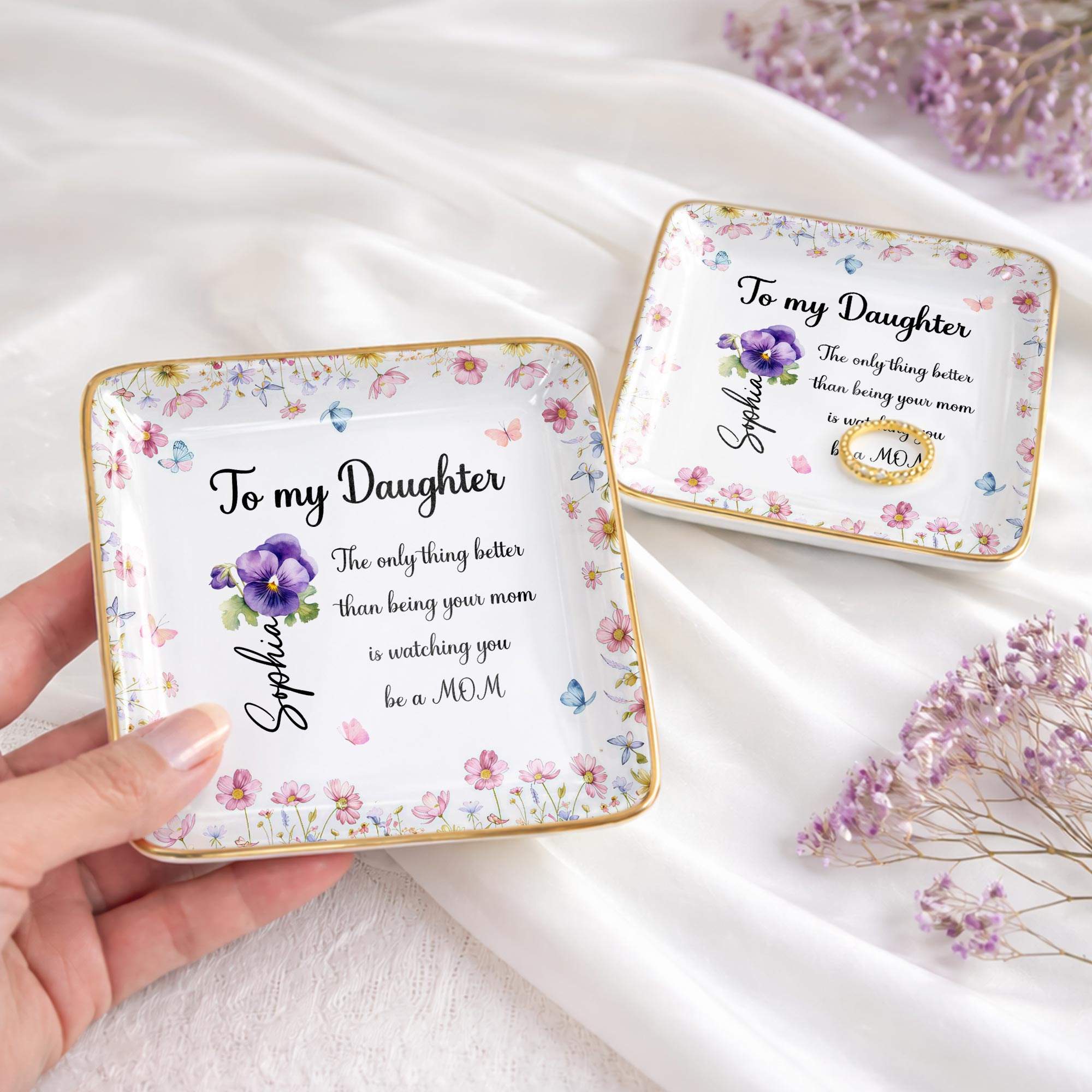 To My Daughter, Flowers And Butterflies Ceramic Dish - Personalized Custom Jewelry Dish, Ceramic Dish, Square Shape - DAU296_SCRF