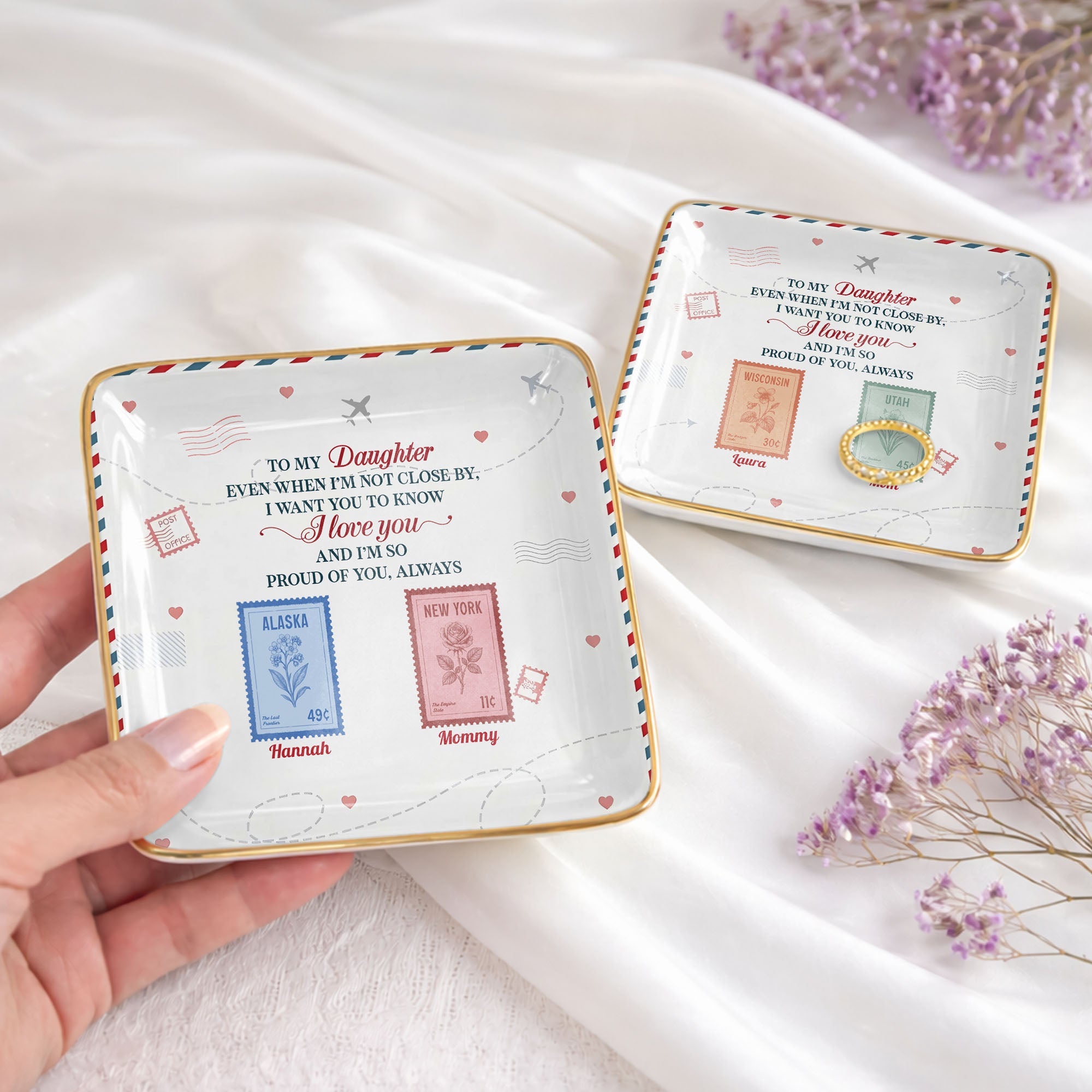 To My Daughter, Love And Pride Postage Stamps Design - Personalized Custom Jewelry Dish, Ceramic Dish, Square Shape - DAU297_SCRF