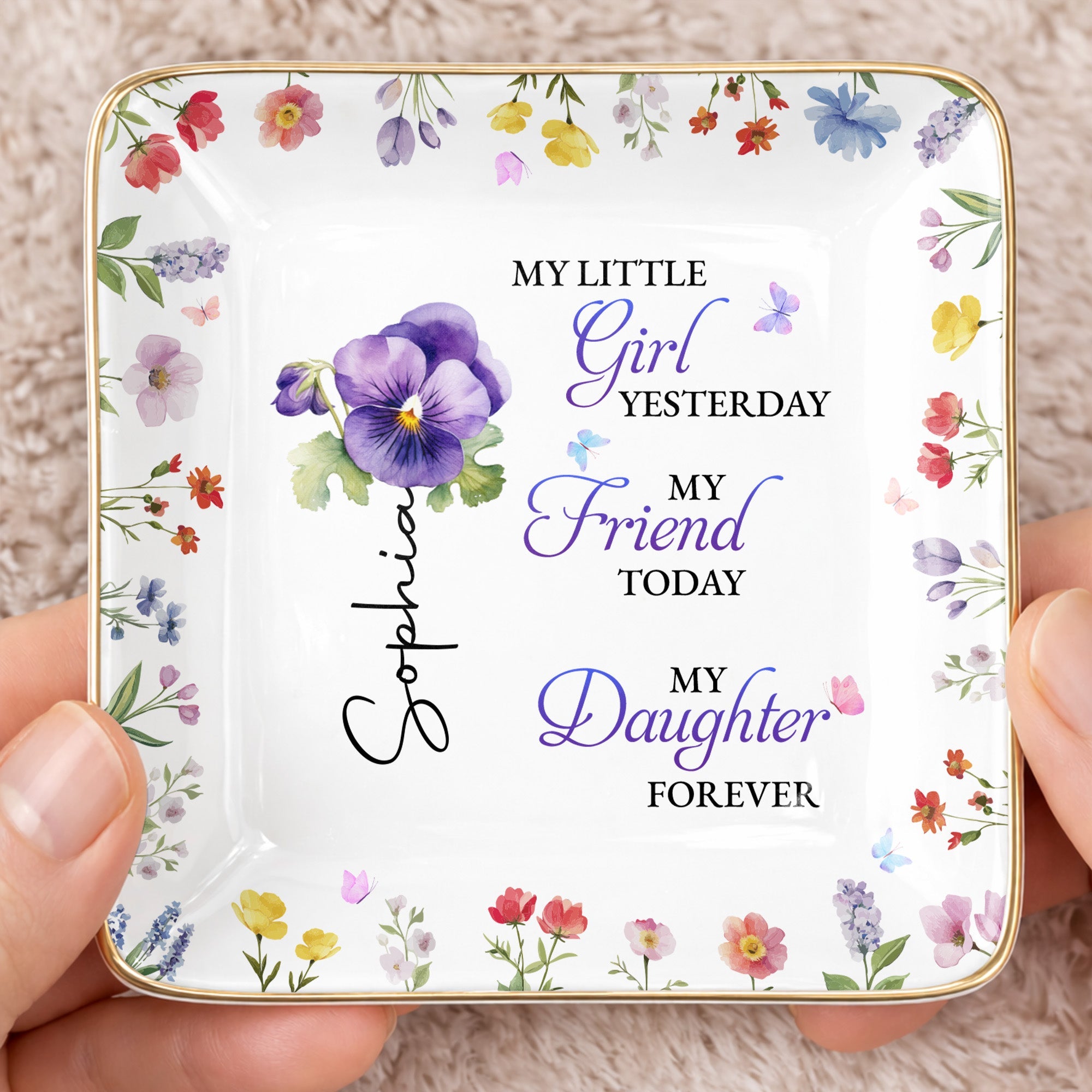 My Little Girl Yesterday, Flowers Ceramic Dish - Personalized Custom Jewelry Dish, Ceramic Dish, Square Shape - DAU298_SCRF