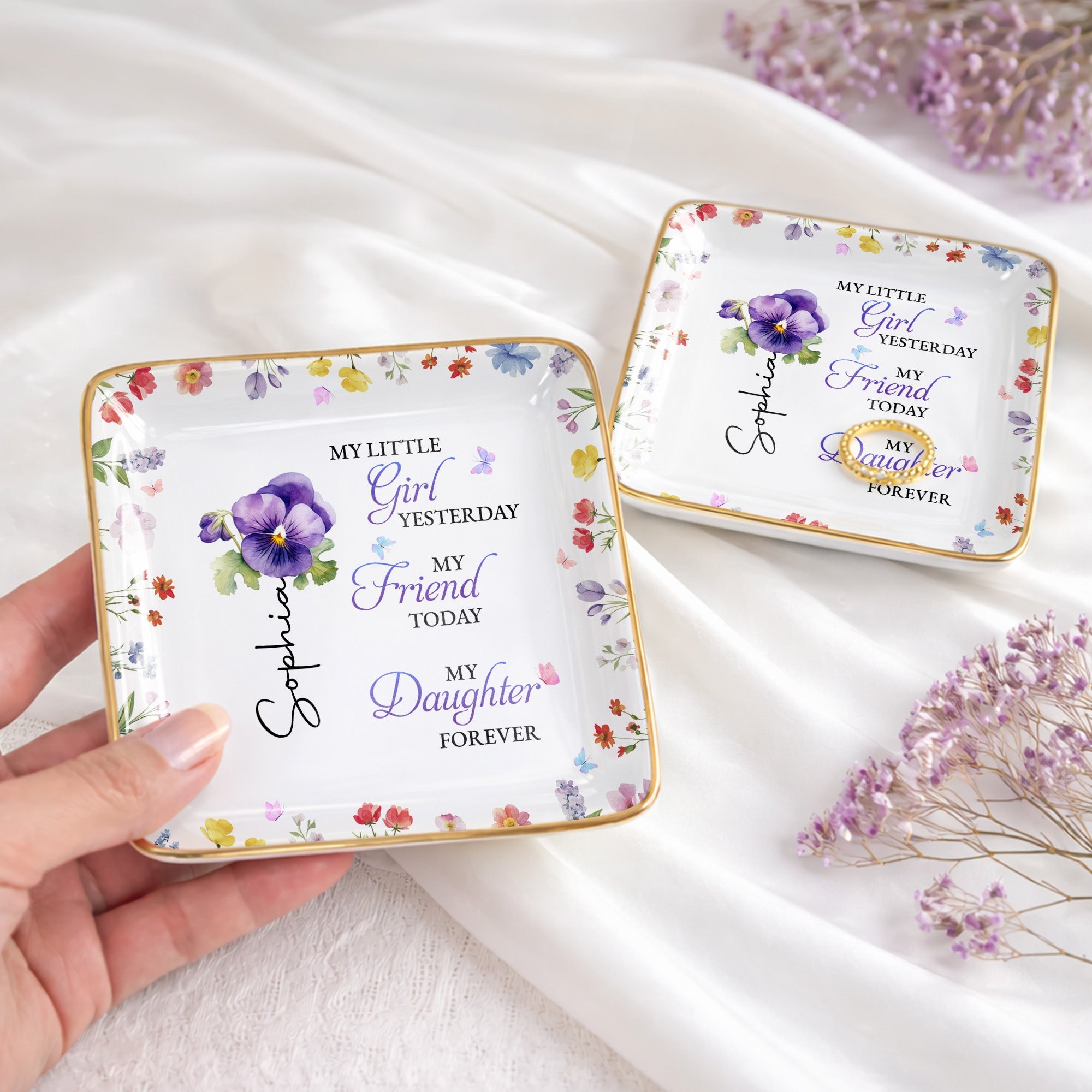My Little Girl Yesterday, Flowers Ceramic Dish - Personalized Custom Jewelry Dish, Ceramic Dish, Square Shape - DAU298_SCRF