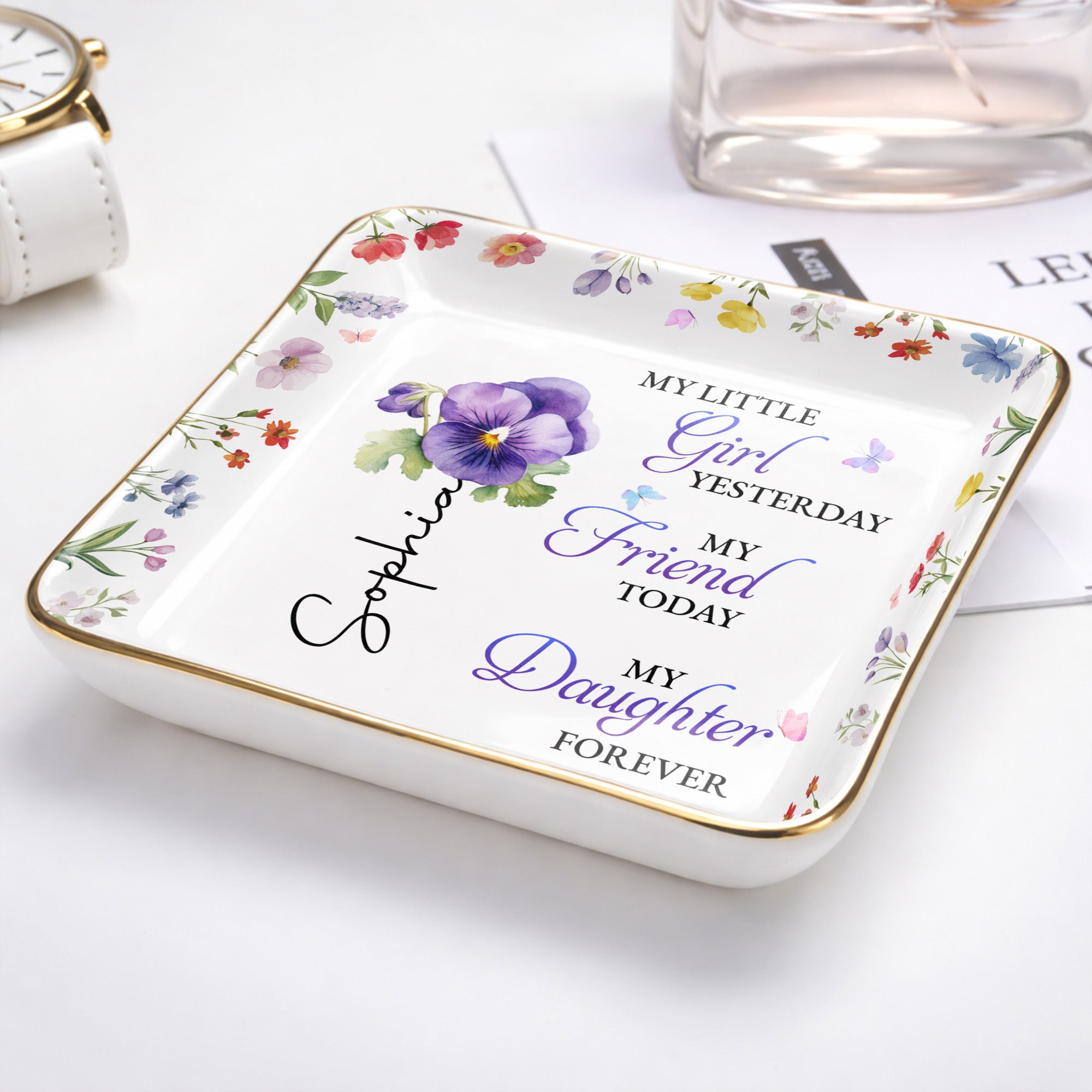 My Little Girl Yesterday, Flowers Ceramic Dish - Personalized Custom Jewelry Dish, Ceramic Dish, Square Shape - DAU298_SCRF