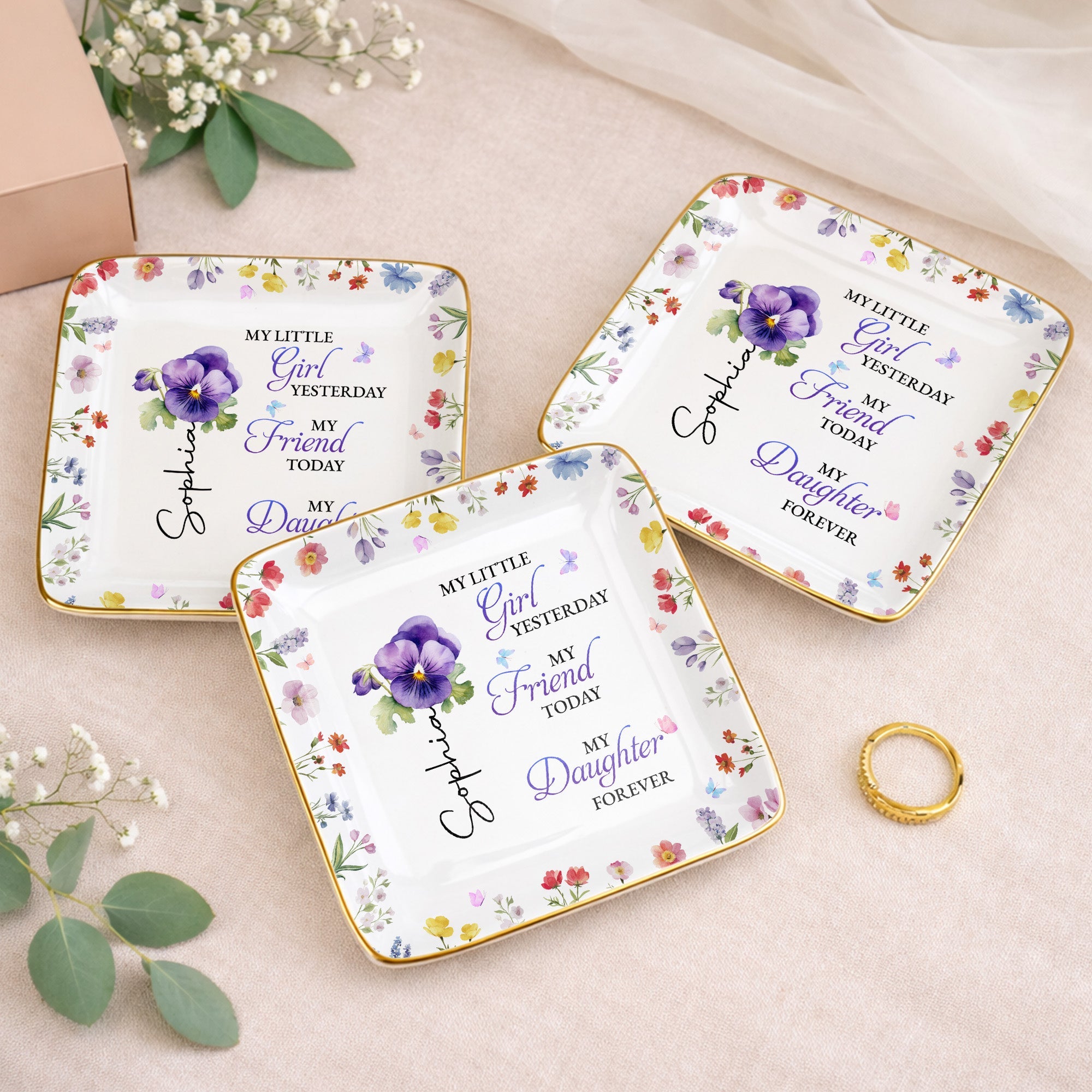 My Little Girl Yesterday, Flowers Ceramic Dish - Personalized Custom Jewelry Dish, Ceramic Dish, Square Shape - DAU298_SCRF