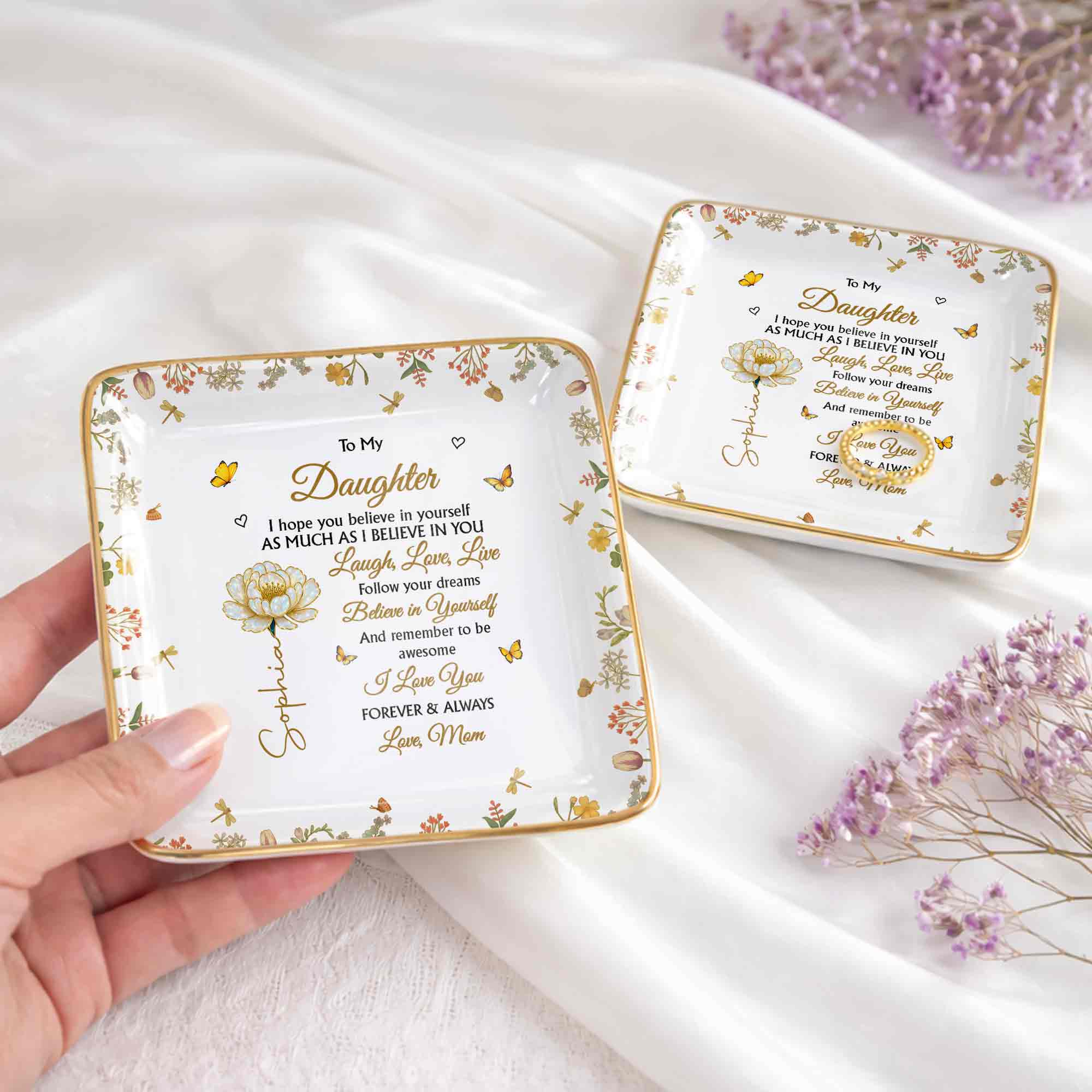 To My Daughter, Laugh, Love, Live, Flowers and Butterflies - Personalized Custom Jewelry Dish, Ceramic Dish, Square Shape - DAU299_SCRF