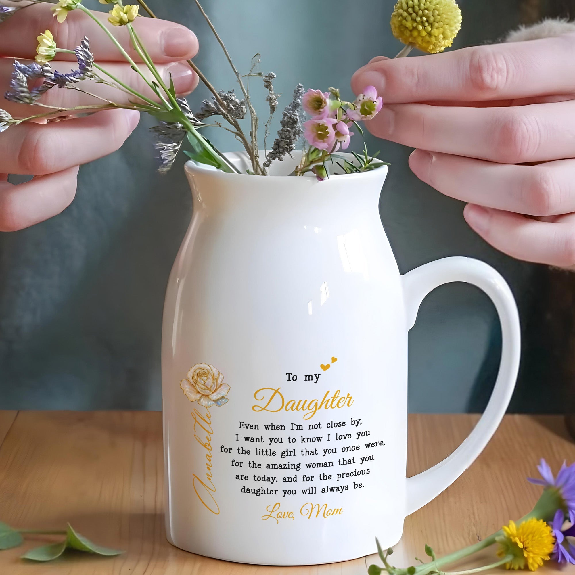 To My Daughter, Love From Mom, Featuring A Rose And Heart - Personalized Ceramic Flower Vase