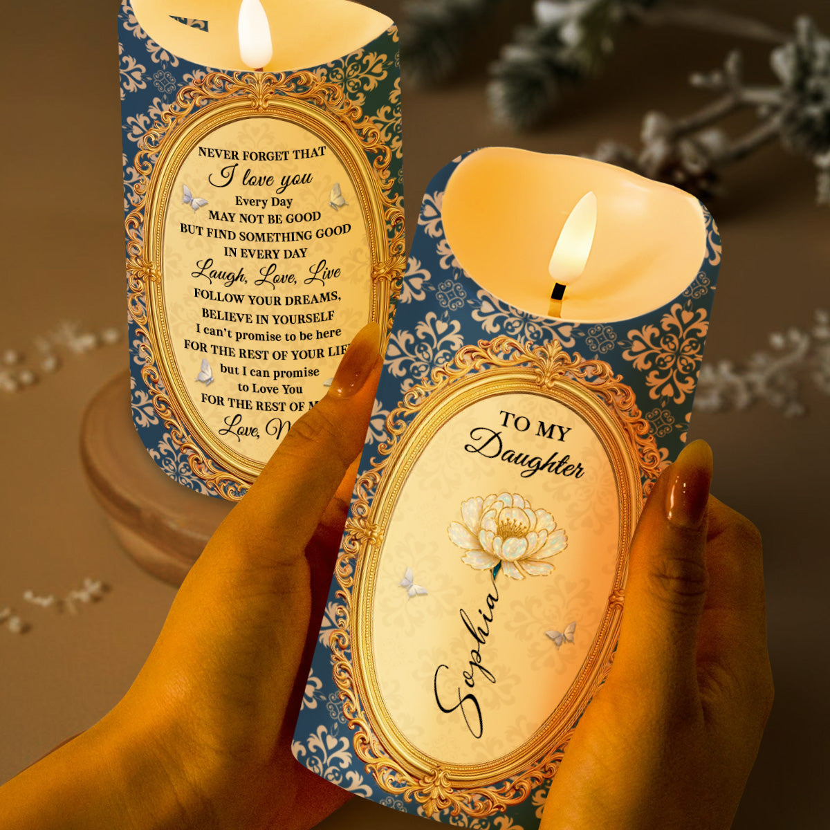 To My Daughter, Flowers And Butterflies - Personalized Custom LED Candle - DAU303_LECA