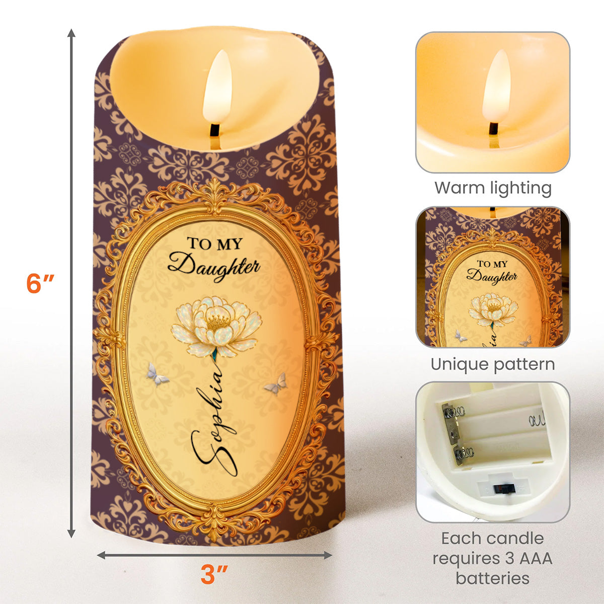 To My Daughter, Flowers And Butterflies - Personalized Custom LED Candle - DAU303_LECA