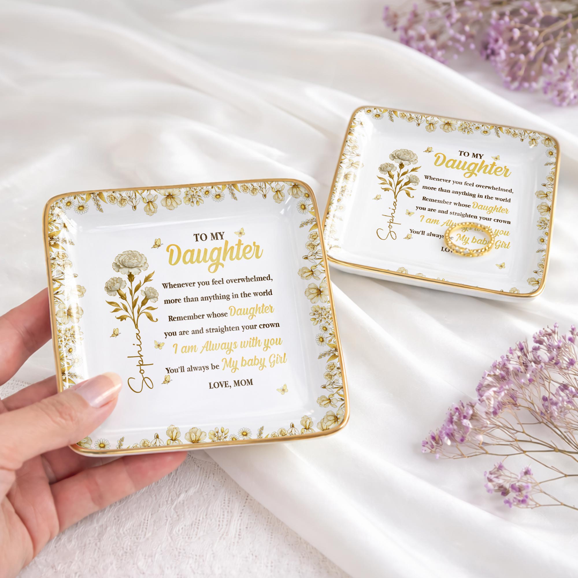 To My Daughter, Straighten Your Crown With Flowers And Crown Design - Personalized Custom Jewelry Dish, Ceramic Dish, Square Shape - DAU304_SCRF
